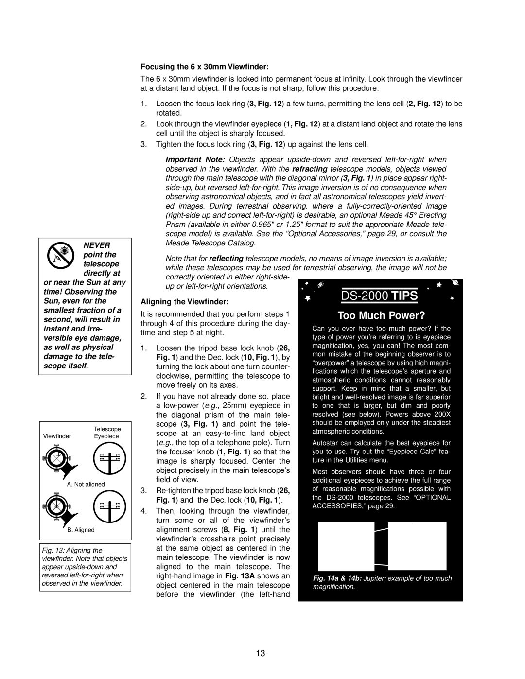 Meade DS-2000 instruction manual Focusing the 6 x 30mm Viewfinder, Aligning the Viewfinder 