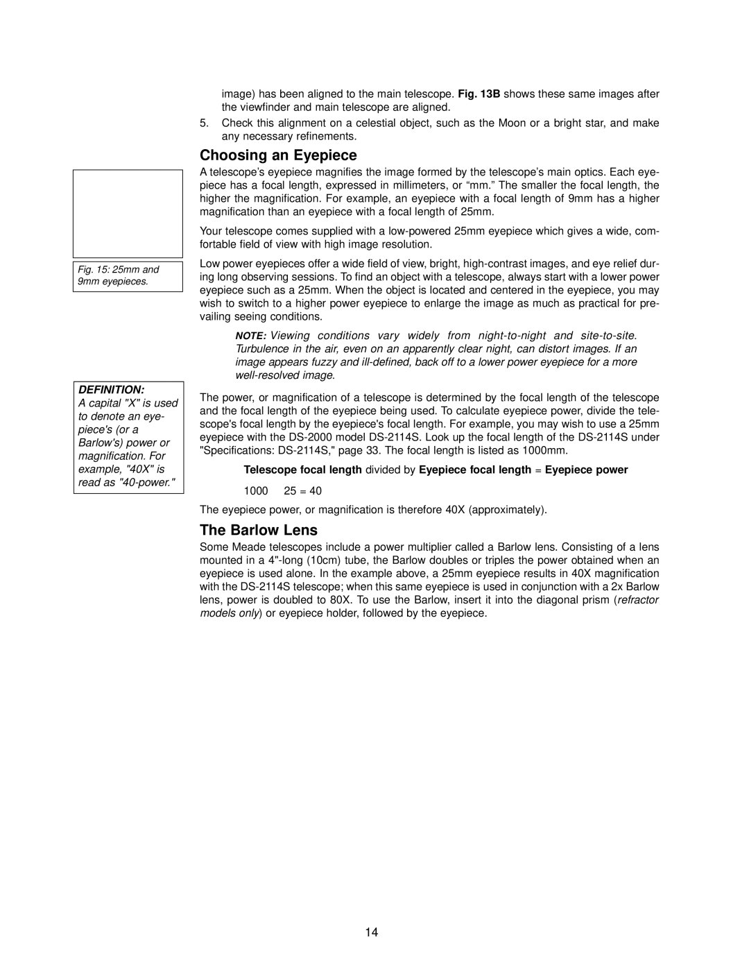 Meade DS-2000 instruction manual Choosing an Eyepiece, Barlow Lens 