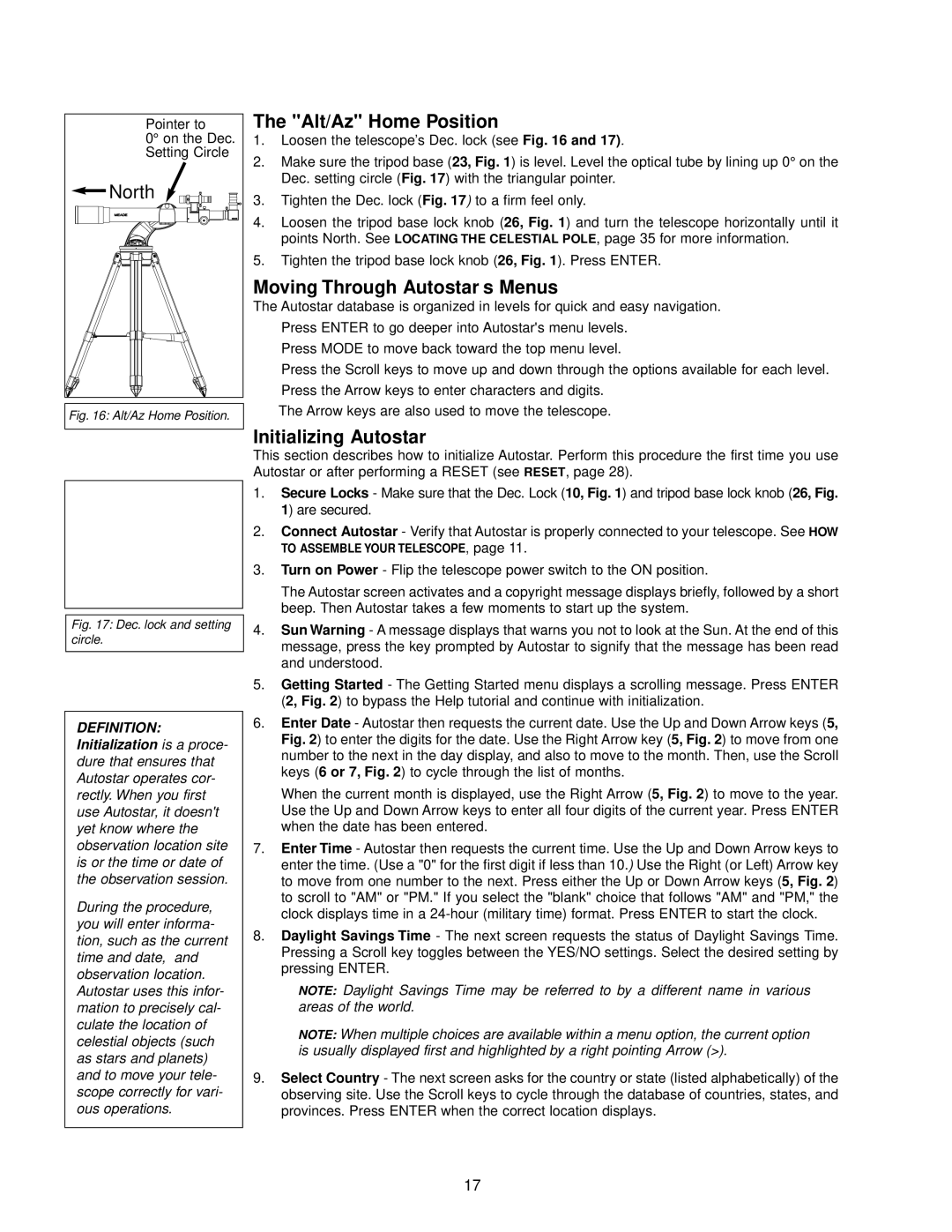 Meade DS-2000 instruction manual Alt/Az Home Position, Moving Through Autostar’s Menus, Initializing Autostar 