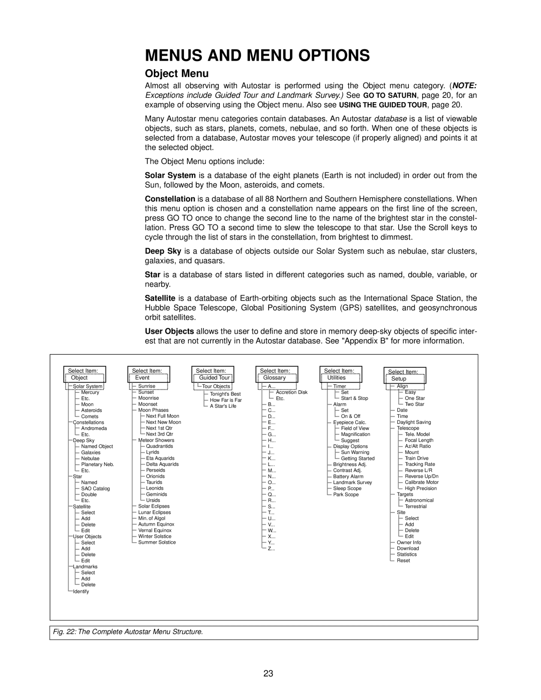 Meade DS-2000 instruction manual Menus and Menu Options, Object Menu 