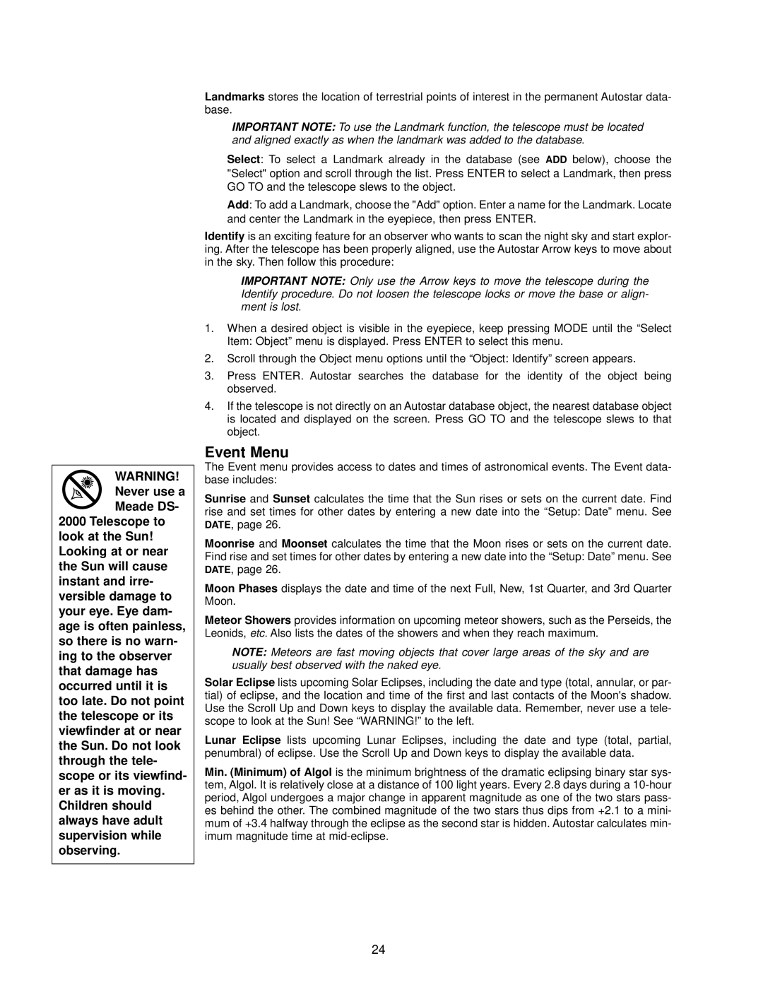 Meade DS-2000 instruction manual Event Menu 