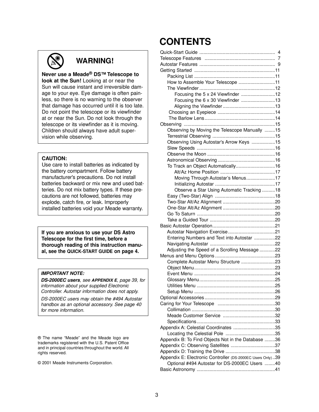 Meade DS-2000 instruction manual Contents 