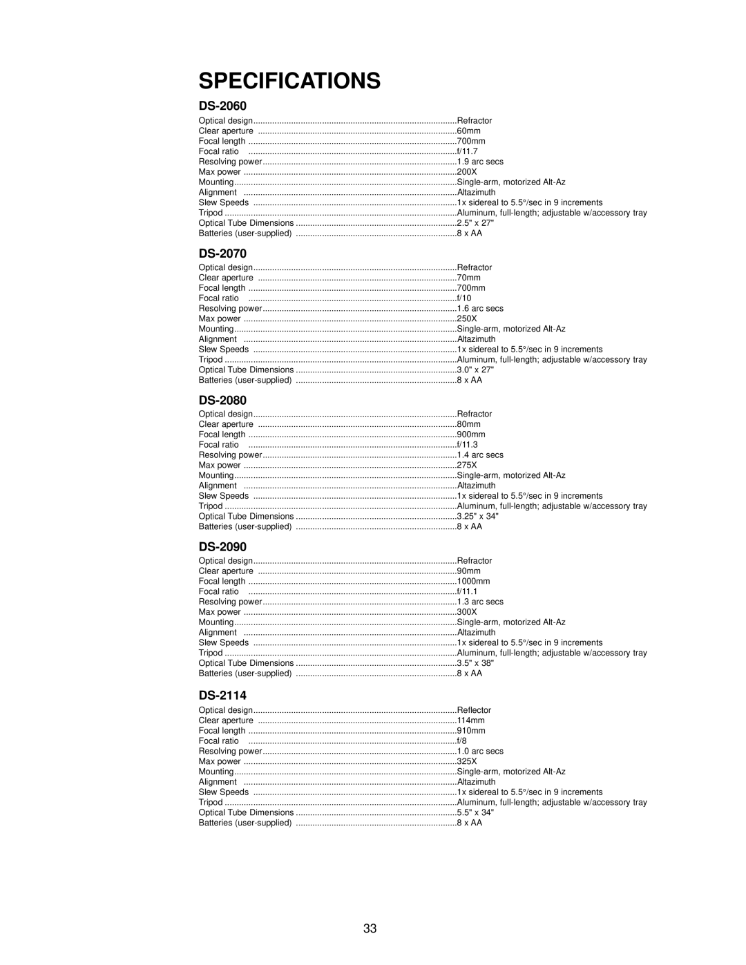 Meade DS-2000 instruction manual Specifications, DS-2060 