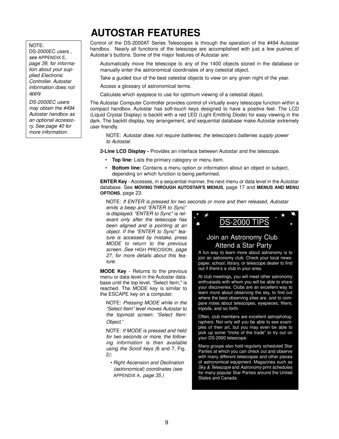 Meade instruction manual Autostar Features, DS-2000 Tips 