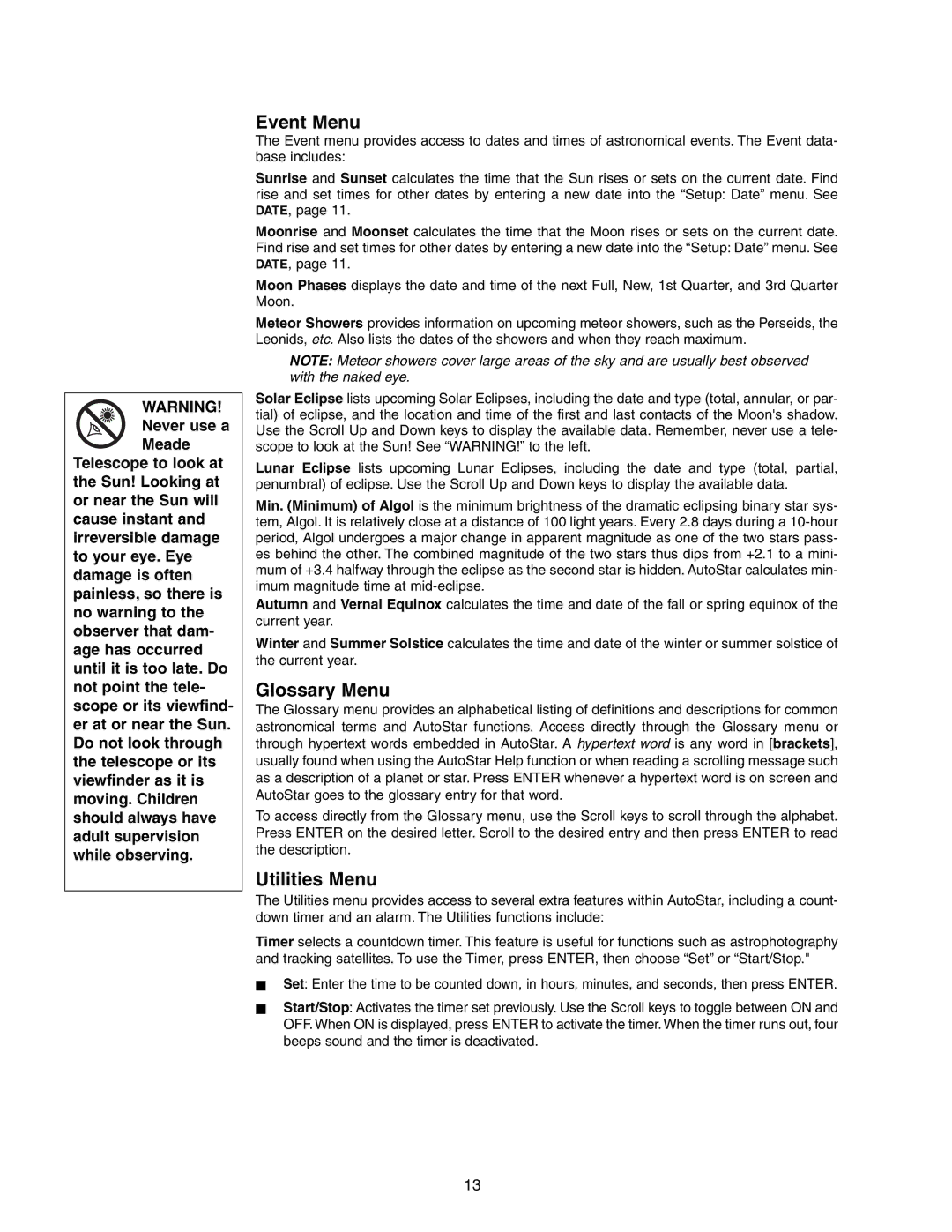 Meade DS-2102AT-TC, DS-2090AT-TC instruction manual Event Menu, Glossary Menu, Utilities Menu 