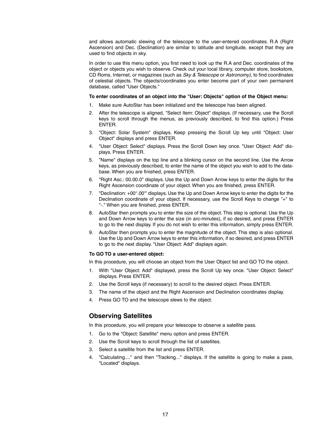 Meade DS-2102AT-TC, DS-2090AT-TC instruction manual Observing Satellites, To GO to a user-entered object 