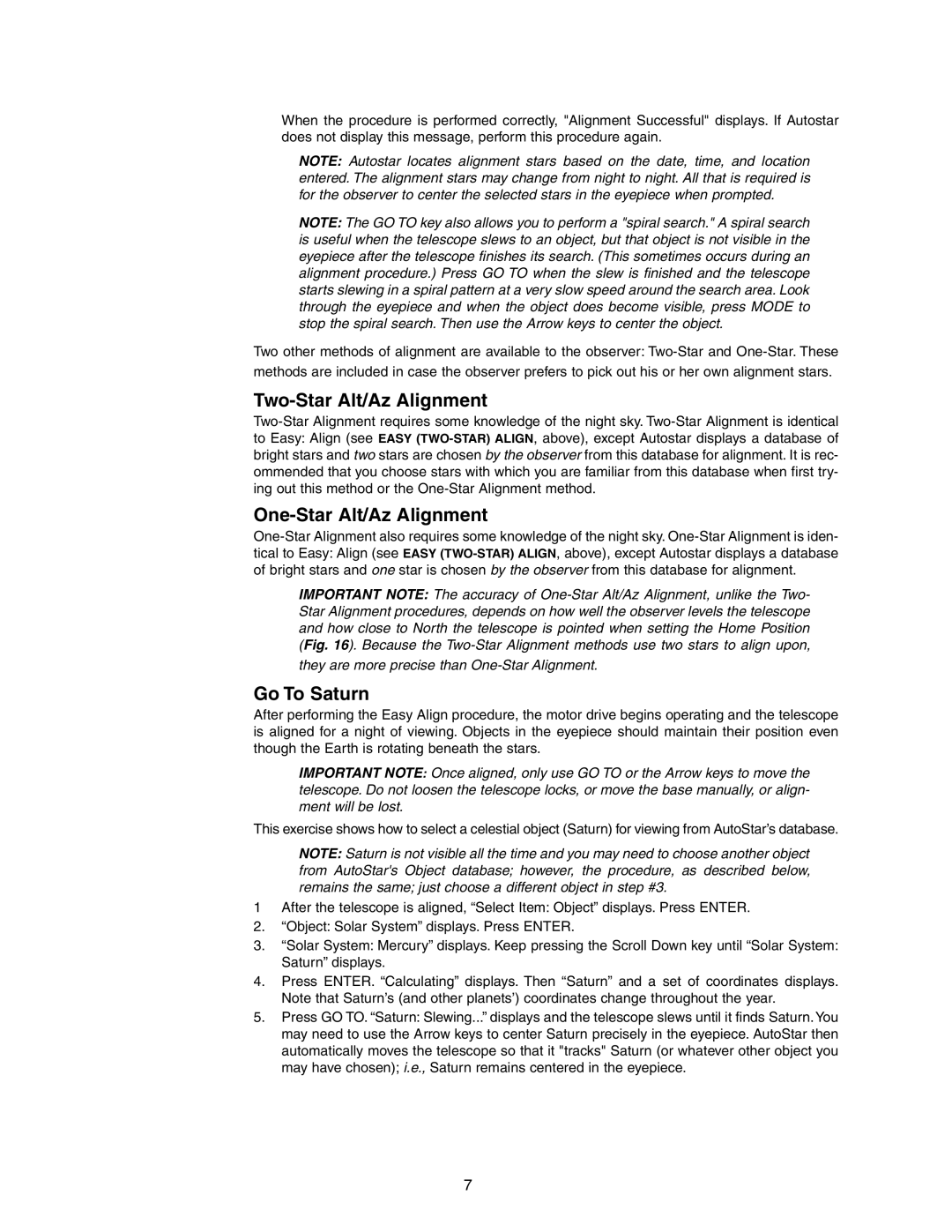 Meade DS-2102AT-TC, DS-2090AT-TC instruction manual Two-Star Alt/Az Alignment, One-Star Alt/Az Alignment, Go To Saturn 