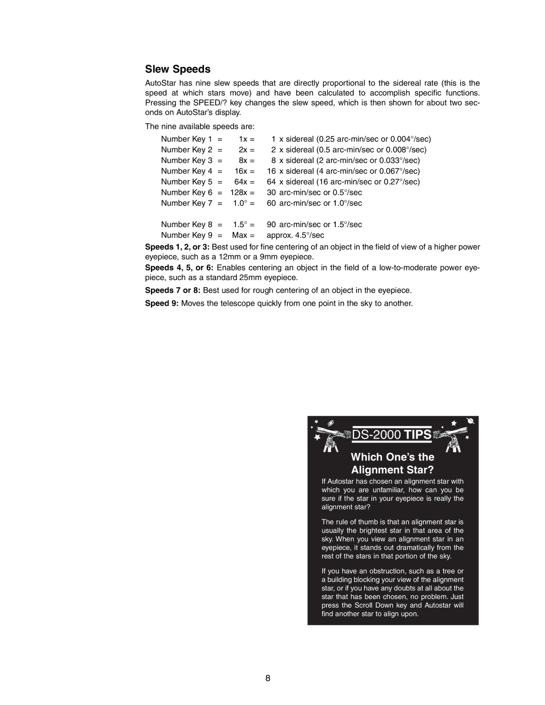 Meade DS-2090AT-TC, DS-2102AT-TC instruction manual DS-2000 Tips, Slew Speeds 