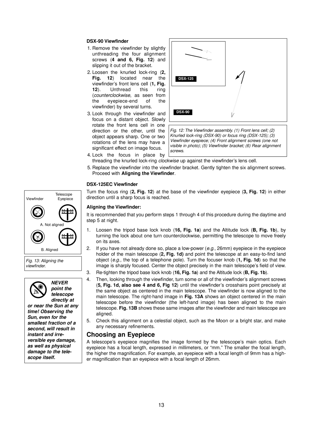 Meade DSX Series Choosing an Eyepiece, DSX-90 Viewfinder, Screws 4 and 6, DSX-125EC Viewfinder, Aligning the Viewfinder 