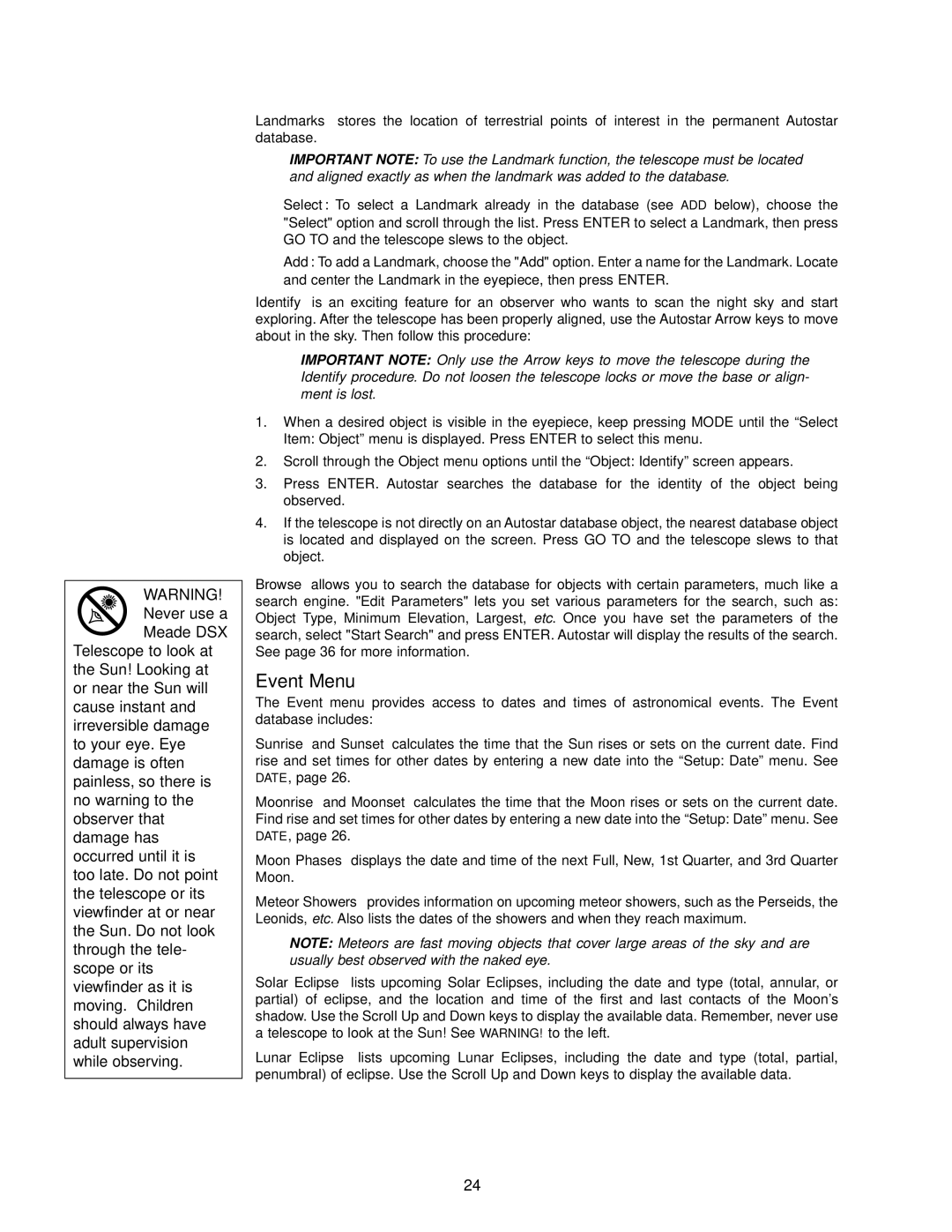 Meade DSX Series instruction manual Event Menu 