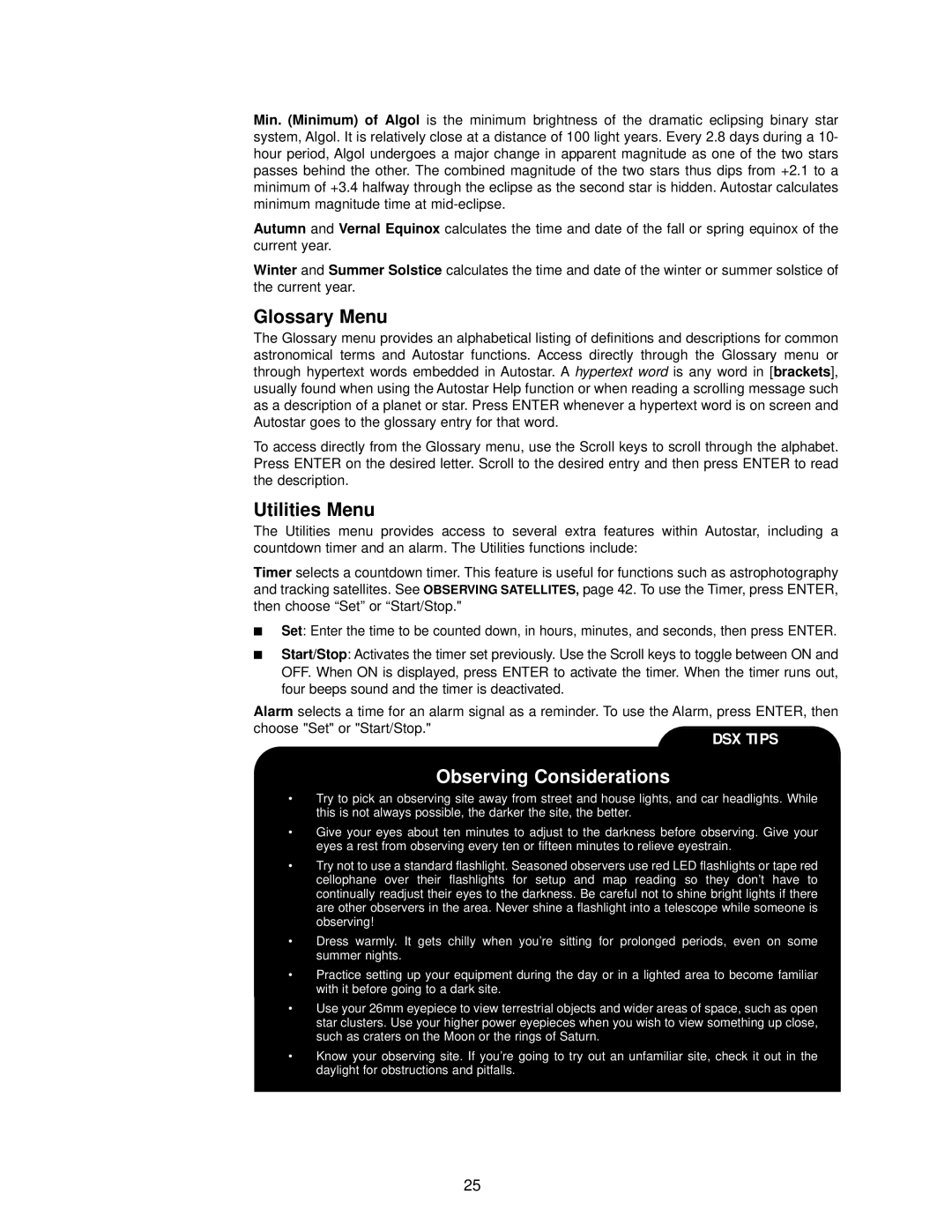 Meade DSX Series instruction manual Glossary Menu, Utilities Menu, Observing Considerations 