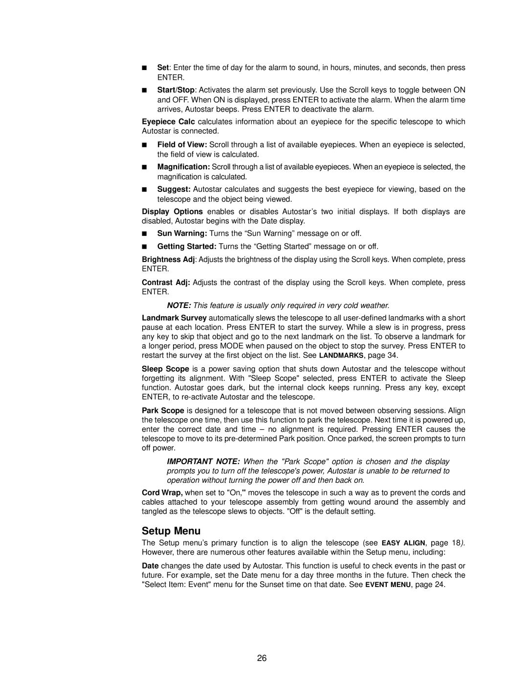 Meade DSX Series instruction manual Setup Menu, Enter 