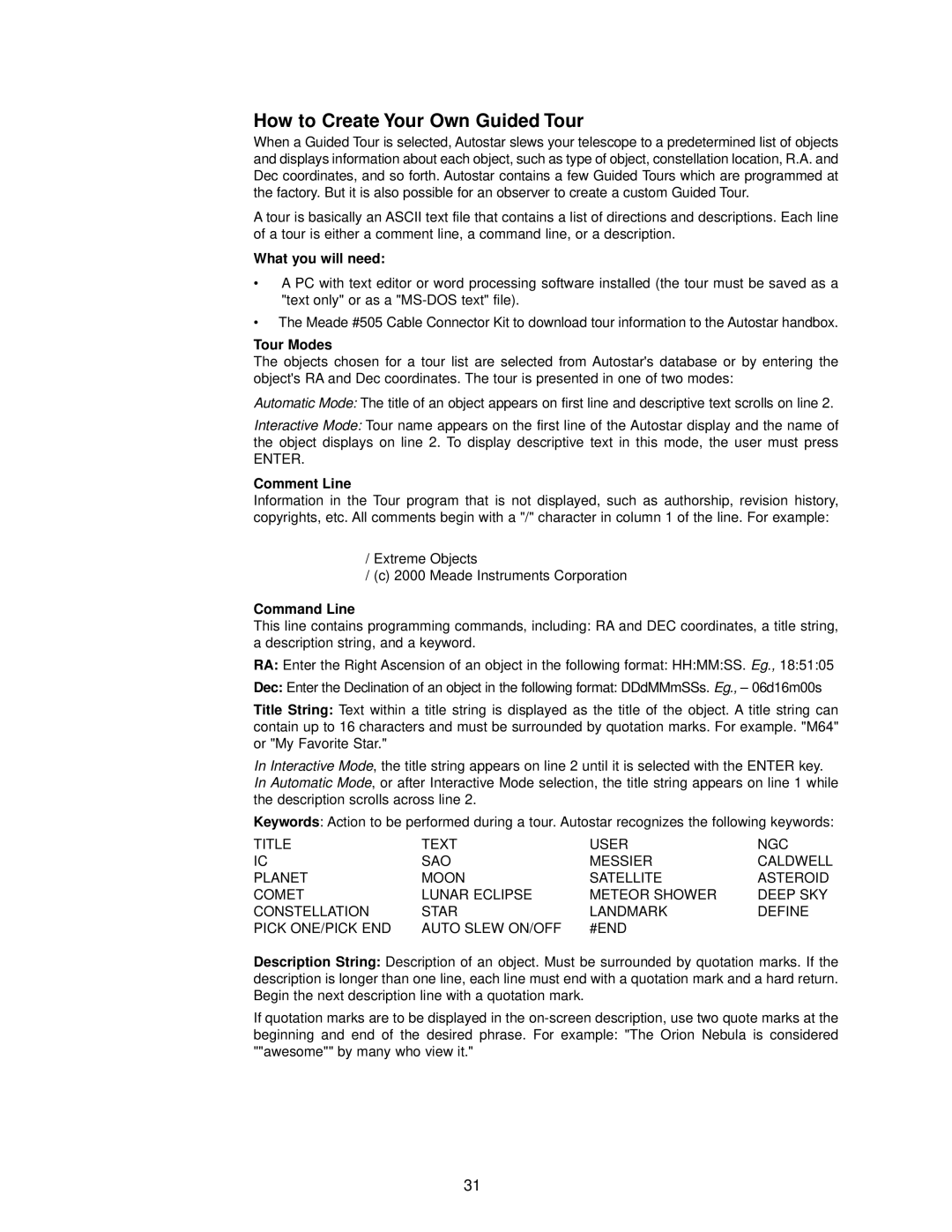 Meade DSX Series How to Create Your Own Guided Tour, What you will need, Tour Modes, Comment Line, Command Line 