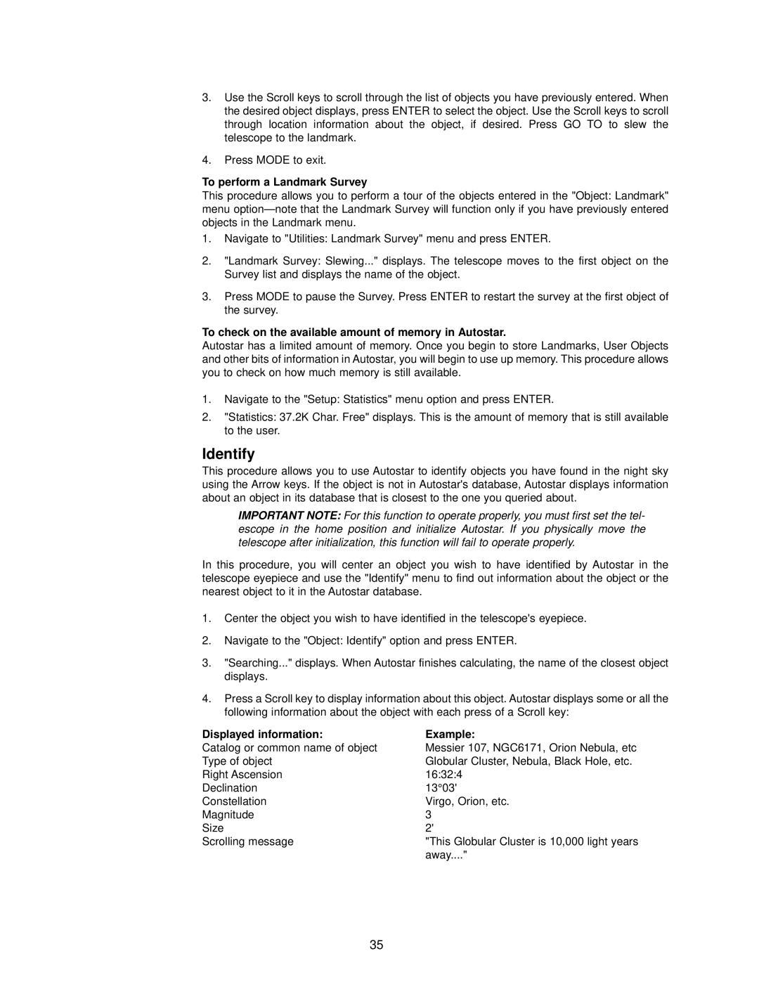Meade DSX Series Identify, To perform a Landmark Survey, To check on the available amount of memory in Autostar 