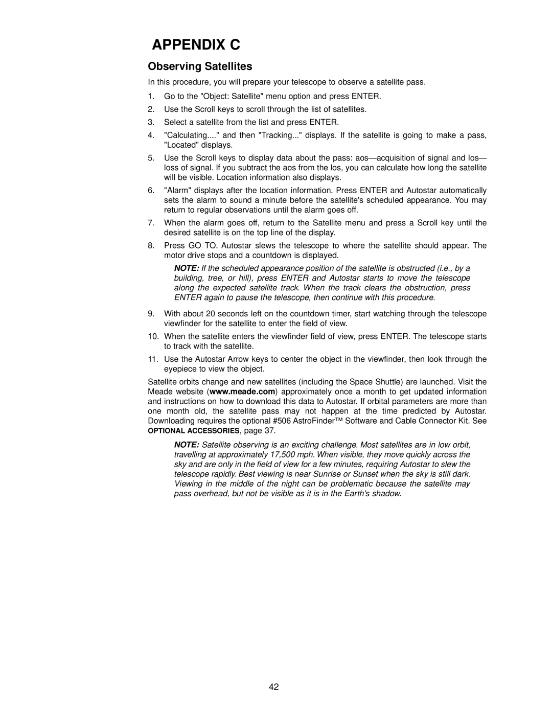 Meade DSX Series instruction manual Appendix C, Observing Satellites 