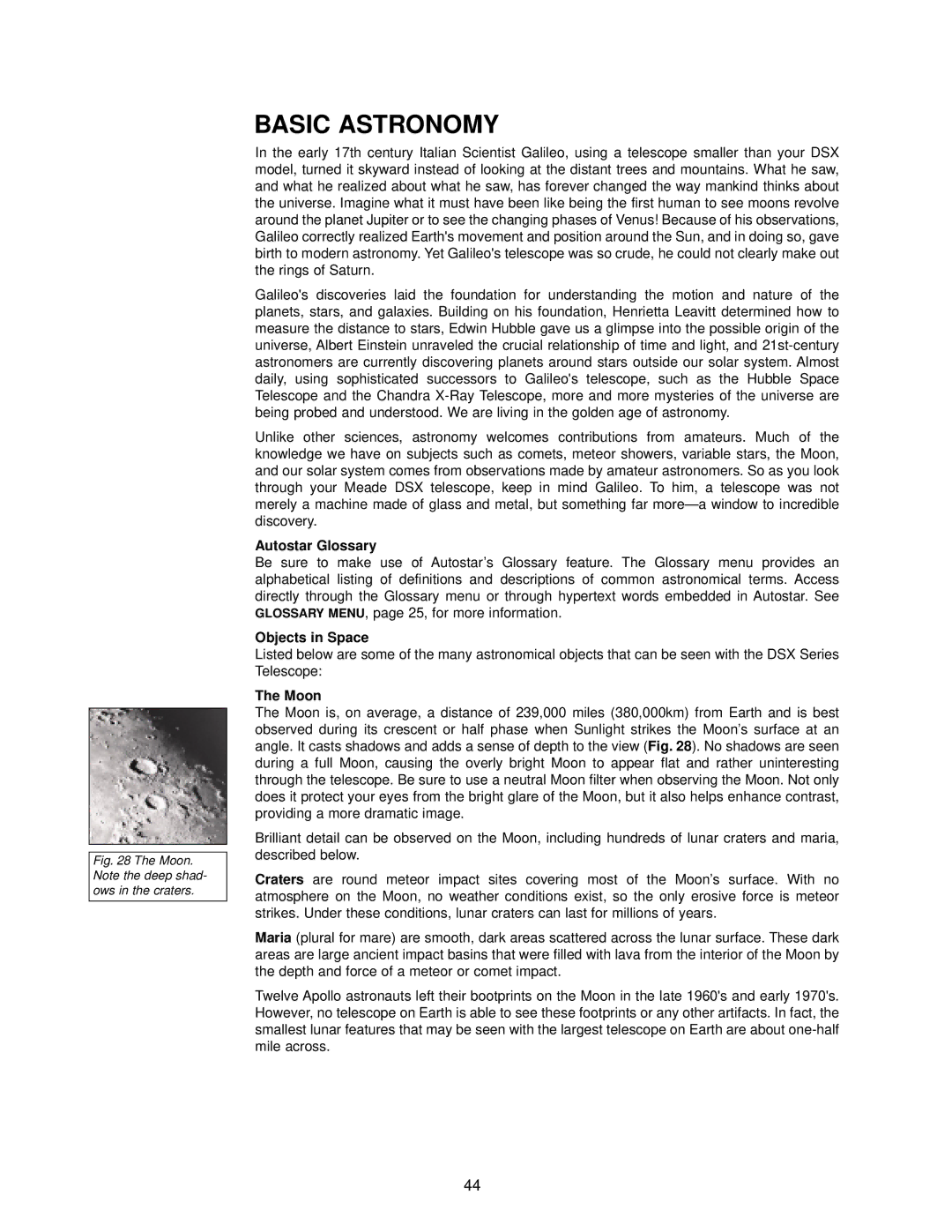 Meade DSX Series instruction manual Autostar Glossary, Objects in Space, Moon 