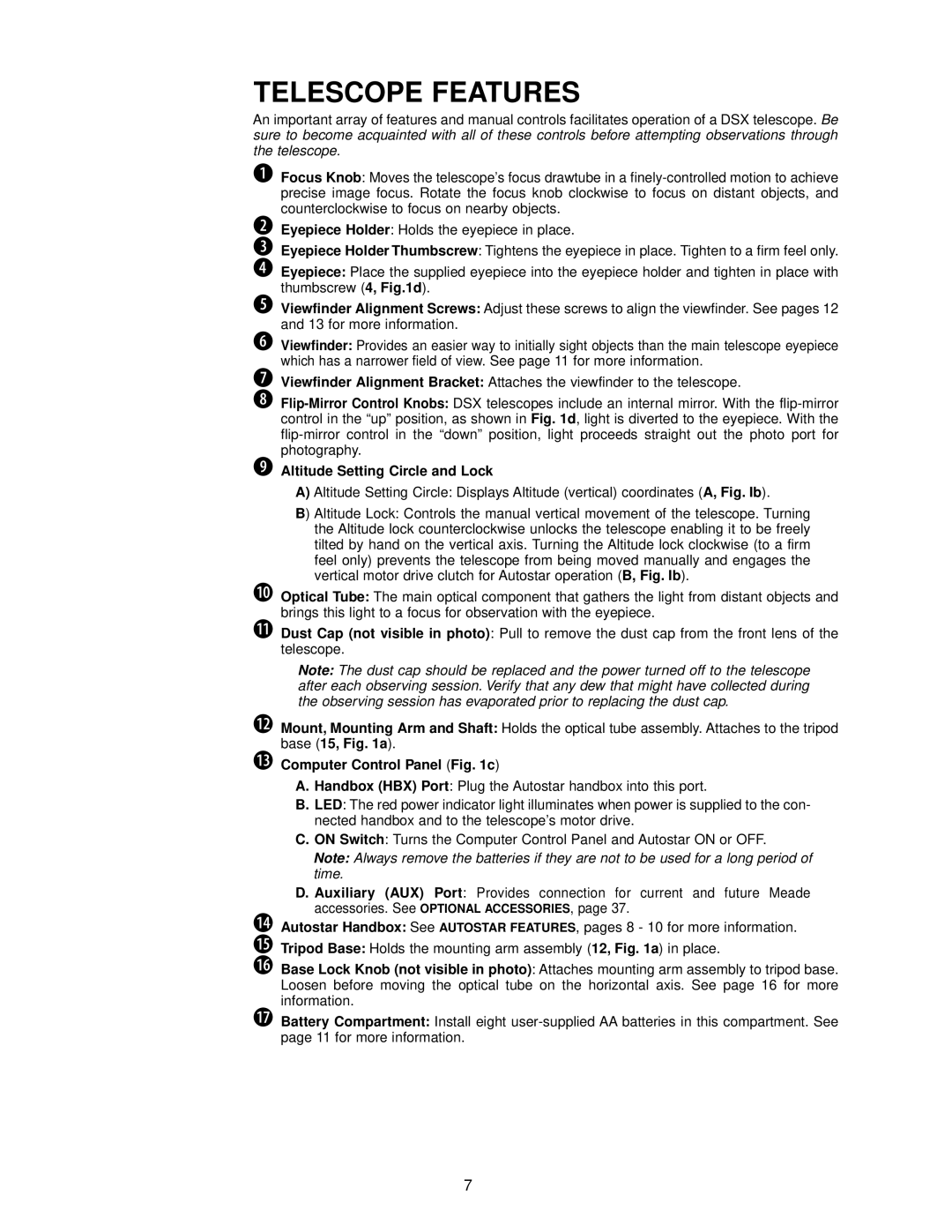 Meade DSX Series instruction manual Telescope Features, Altitude Setting Circle and Lock, Computer Control Panel c 