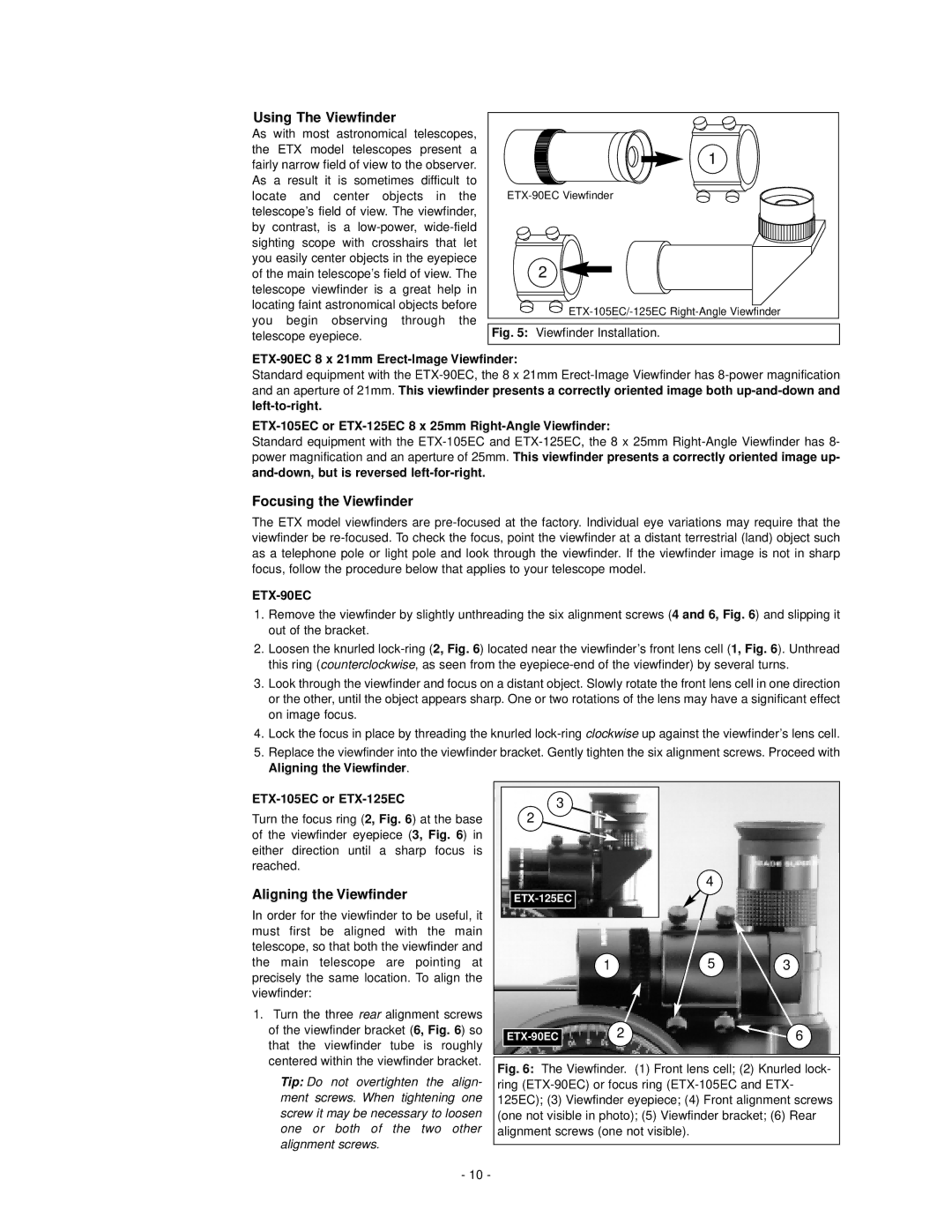 Meade instruction manual Using The Viewfinder, Focusing the Viewfinder, Aligning the Viewfinder, ETX-105EC or ETX-125EC 