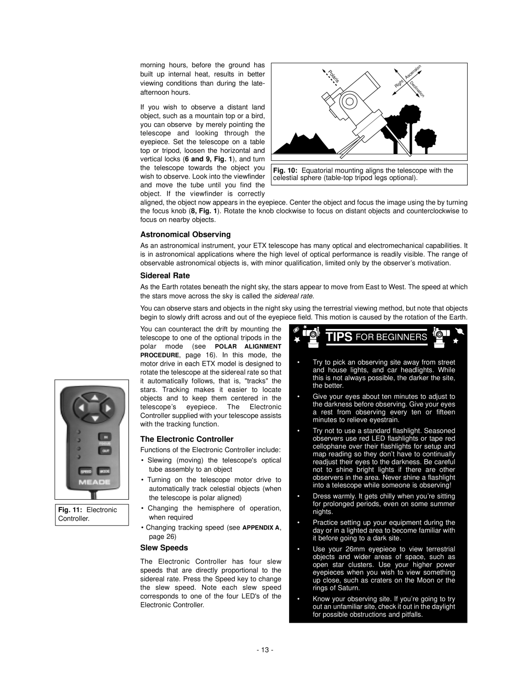 Meade ETX-105EC, ETX-125EC instruction manual Astronomical Observing, Sidereal Rate, Electronic Controller, Slew Speeds 