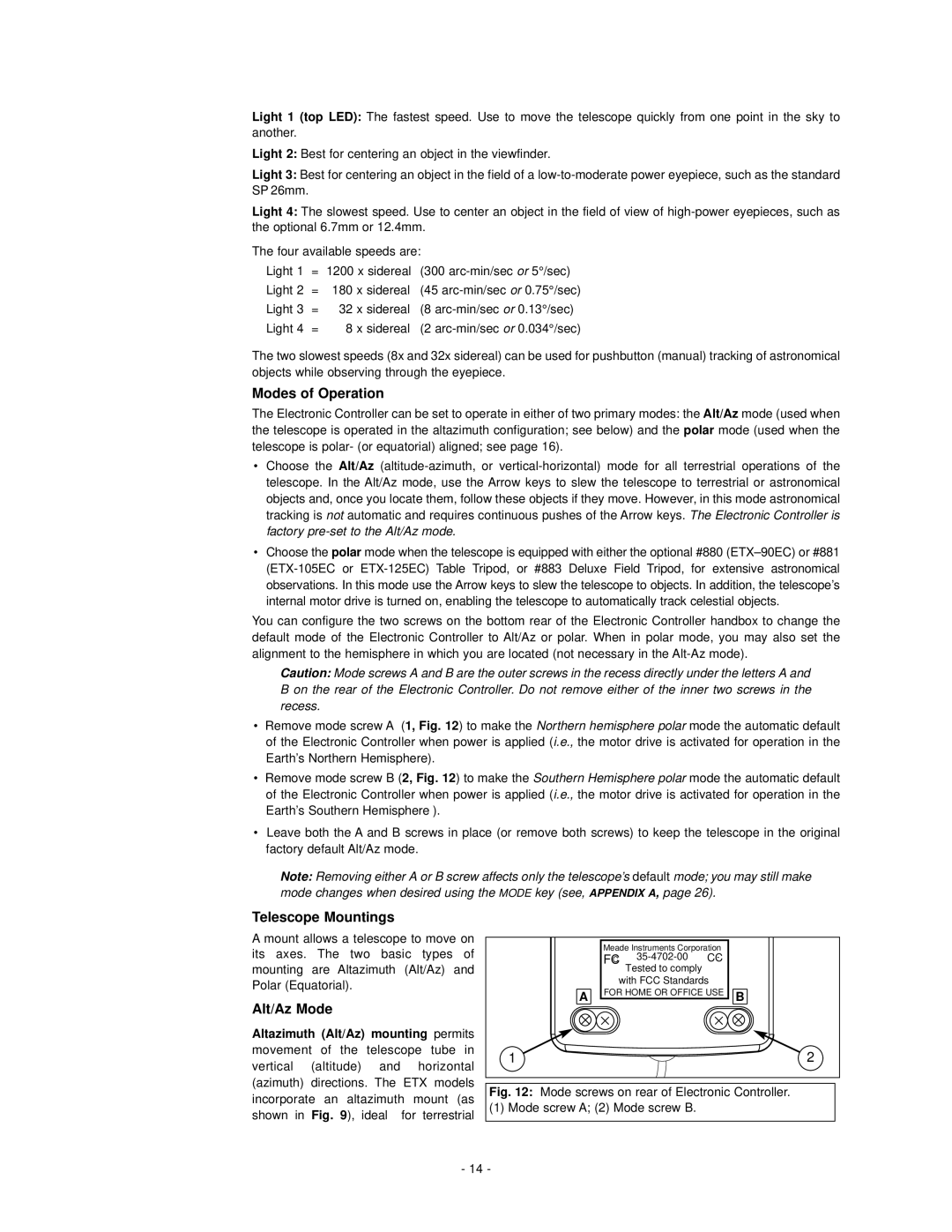 Meade ETX-125EC, ETX-105EC instruction manual Modes of Operation, Telescope Mountings, Alt/Az Mode 