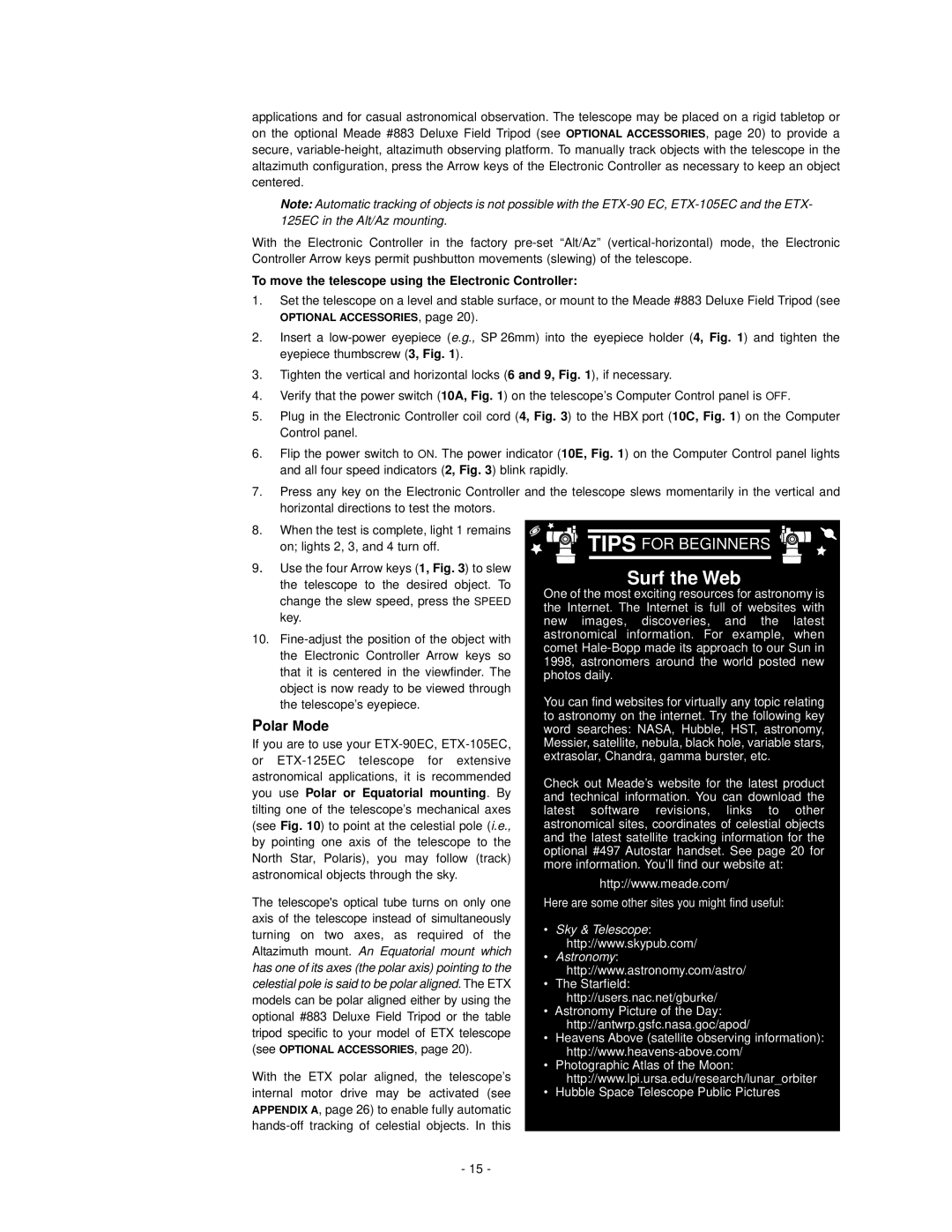 Meade ETX-105EC, ETX-125EC instruction manual Polar Mode, To move the telescope using the Electronic Controller 