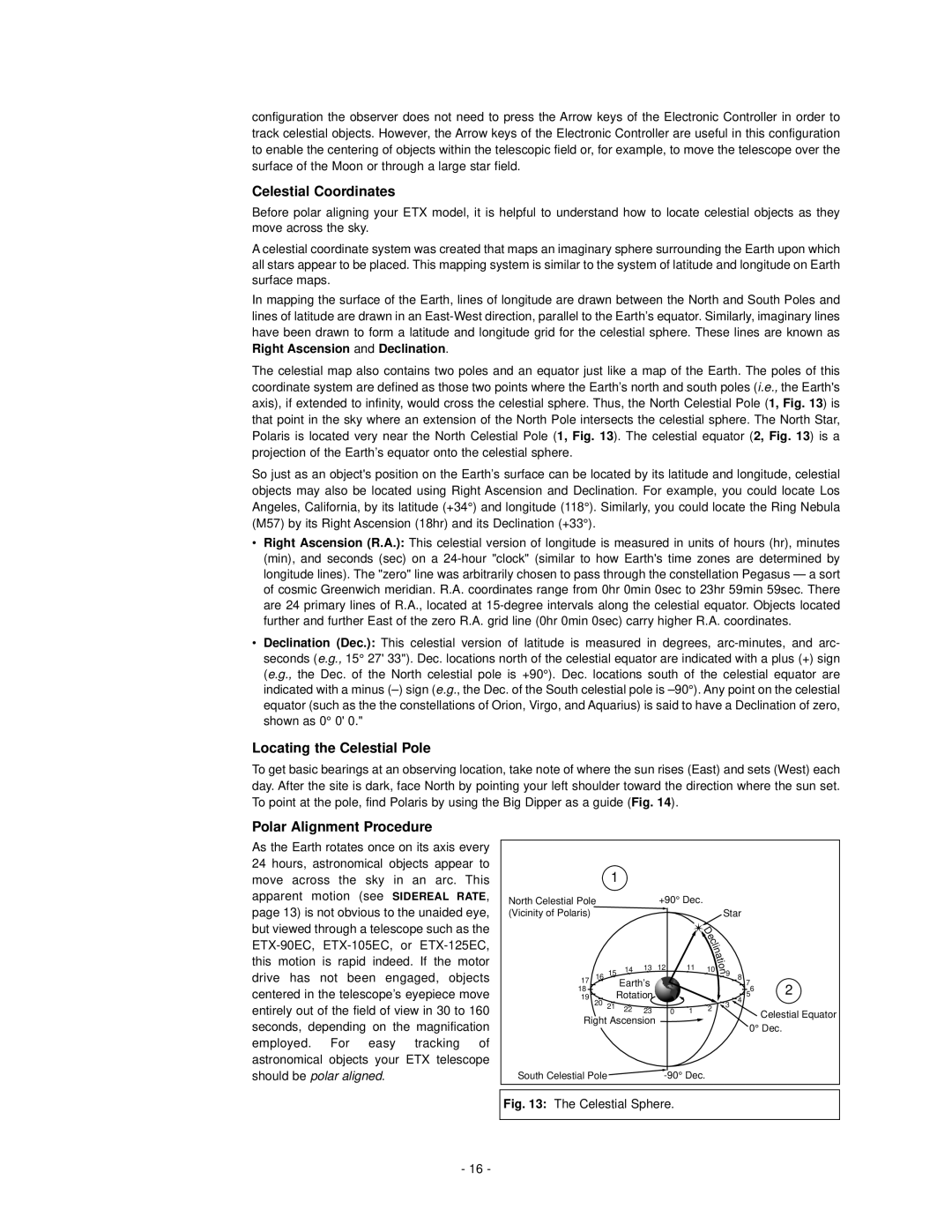 Meade ETX-125EC, ETX-105EC instruction manual Celestial Coordinates, Locating the Celestial Pole, Polar Alignment Procedure 