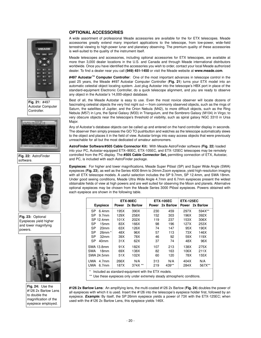 Meade instruction manual Optional Accessories, ETX-105EC ETX-125EC Eyepiece, Power 2x Barlow 