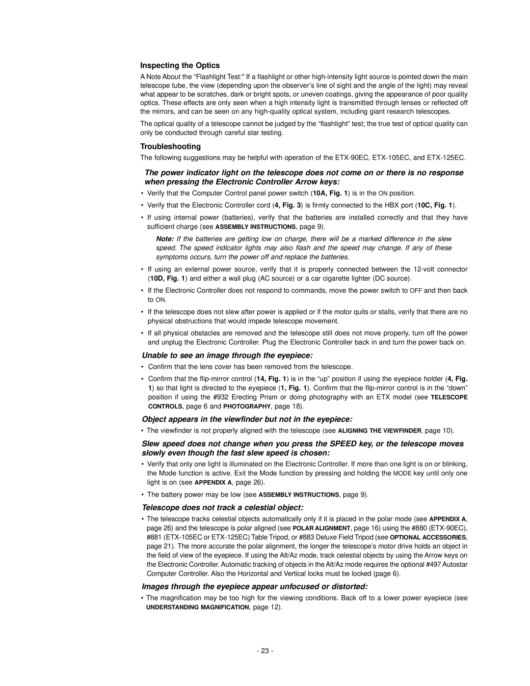 Meade ETX-105EC, ETX-125EC instruction manual Inspecting the Optics, Troubleshooting 