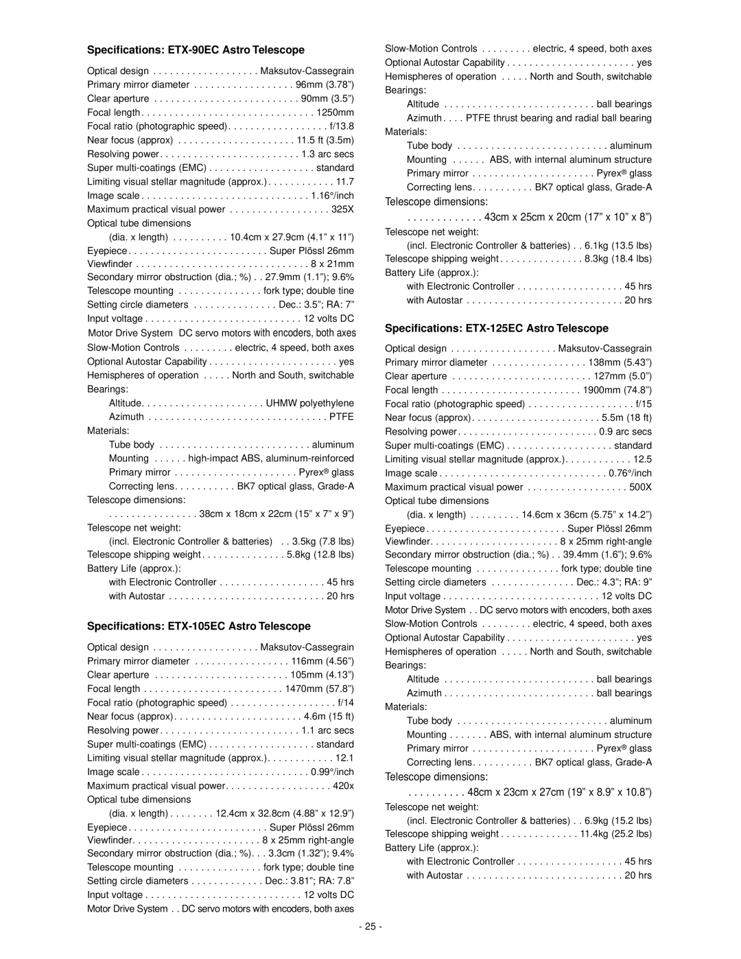 Meade ETX-125EC instruction manual Specifications ETX-90EC Astro Telescope, Specifications ETX-105EC Astro Telescope 