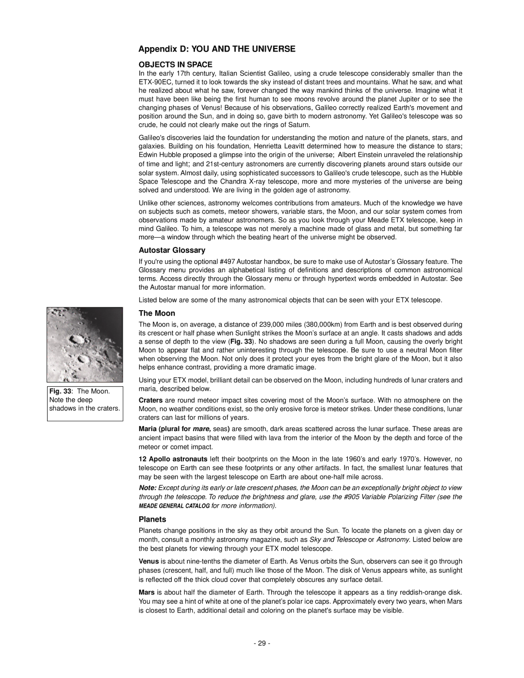 Meade ETX-105EC, ETX-125EC instruction manual Appendix D YOU and the Universe, Autostar Glossary, Moon, Planets 