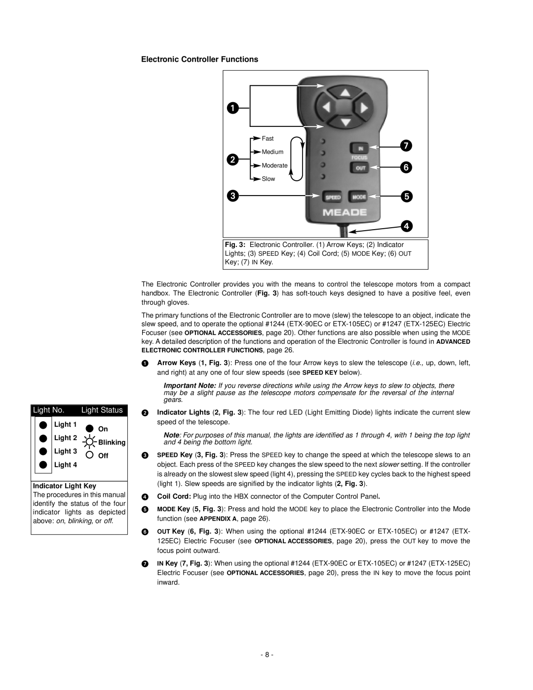 Meade ETX-125EC, ETX-105EC instruction manual Electronic Controller Functions, Light Blinking Off, Indicator Light Key 