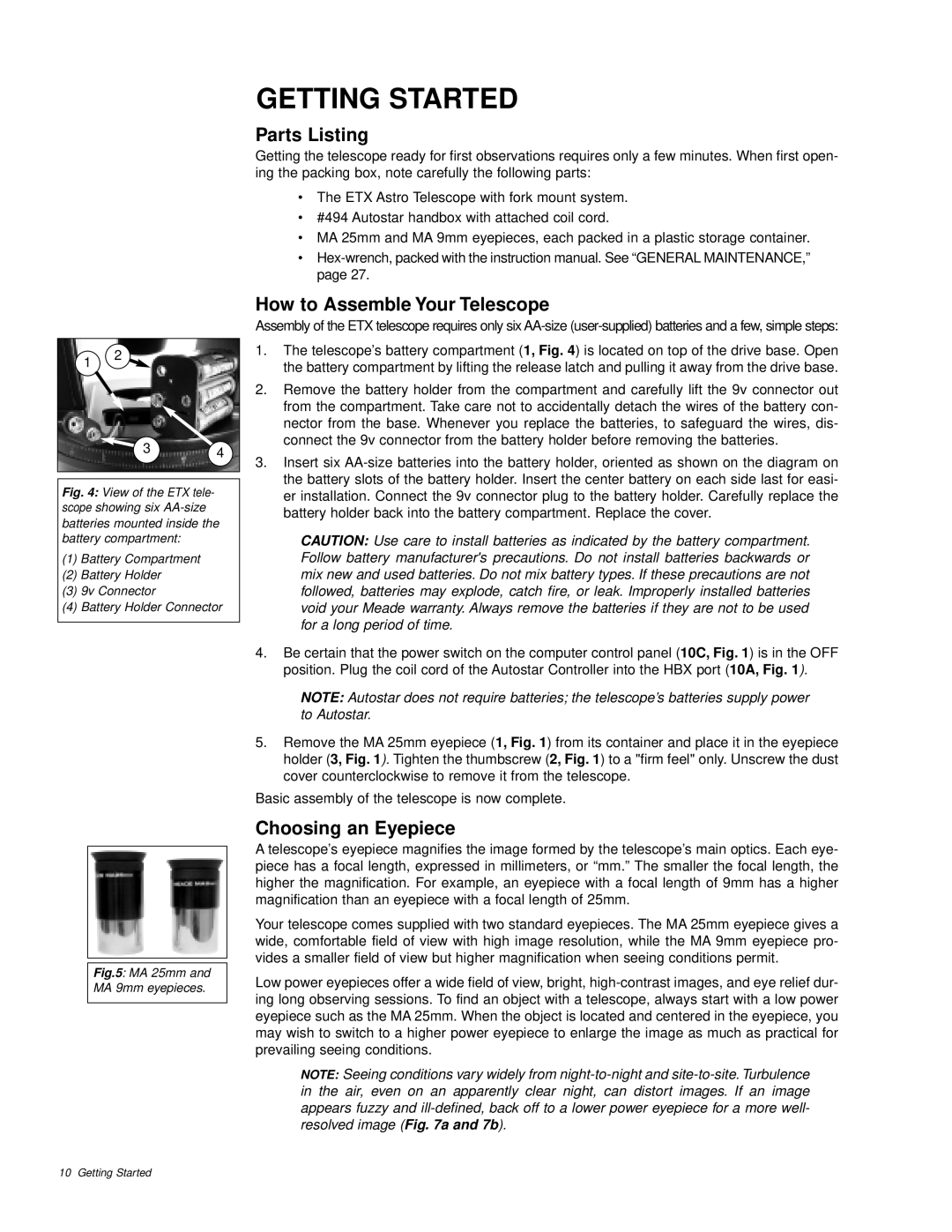 Meade ETX-60AT instruction manual Getting Started, Parts Listing, How to Assemble Your Telescope, Choosing an Eyepiece 