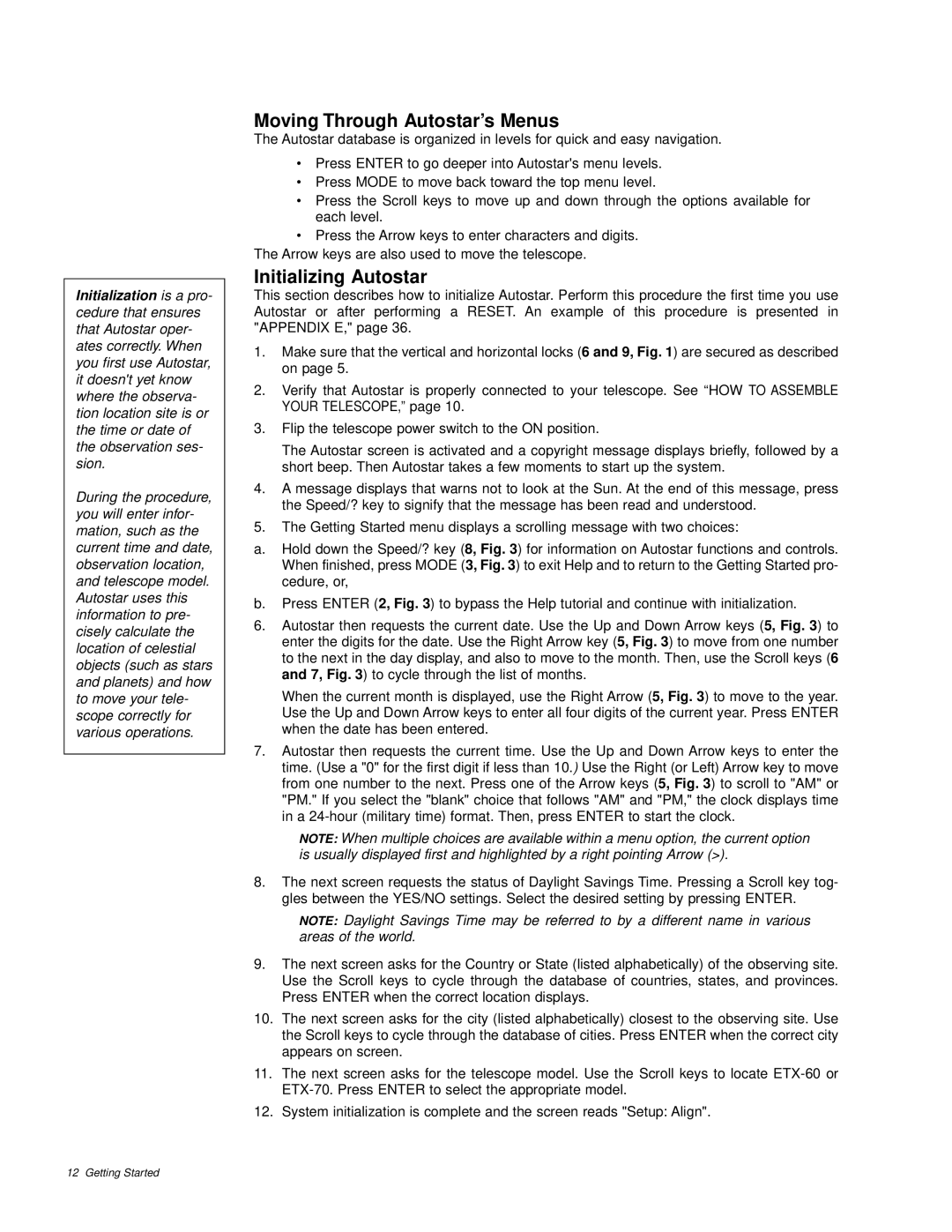 Meade ETX-60AT instruction manual Moving Through Autostar’s Menus, Initializing Autostar 