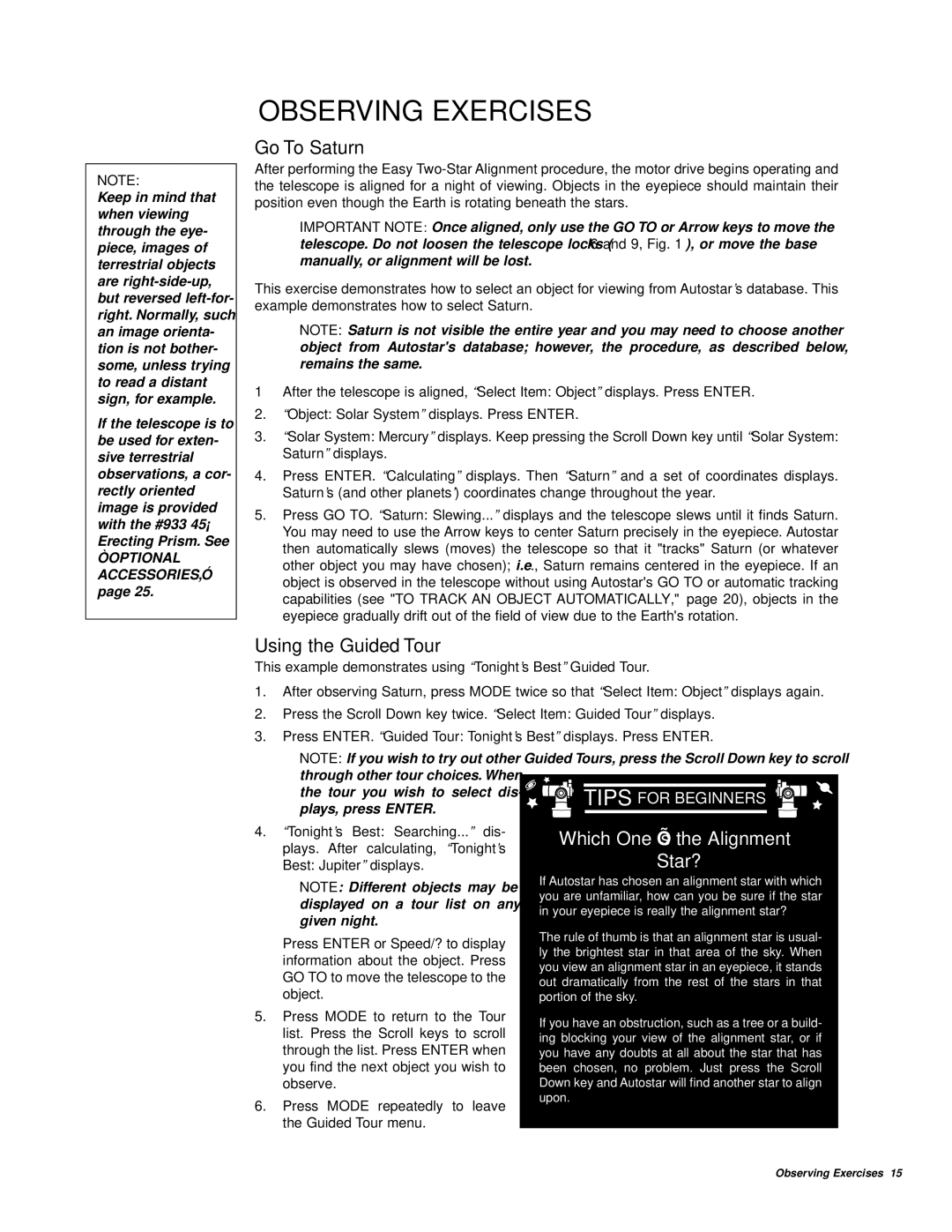 Meade ETX-60AT instruction manual Observing Exercises, Go To Saturn, Using the Guided Tour 