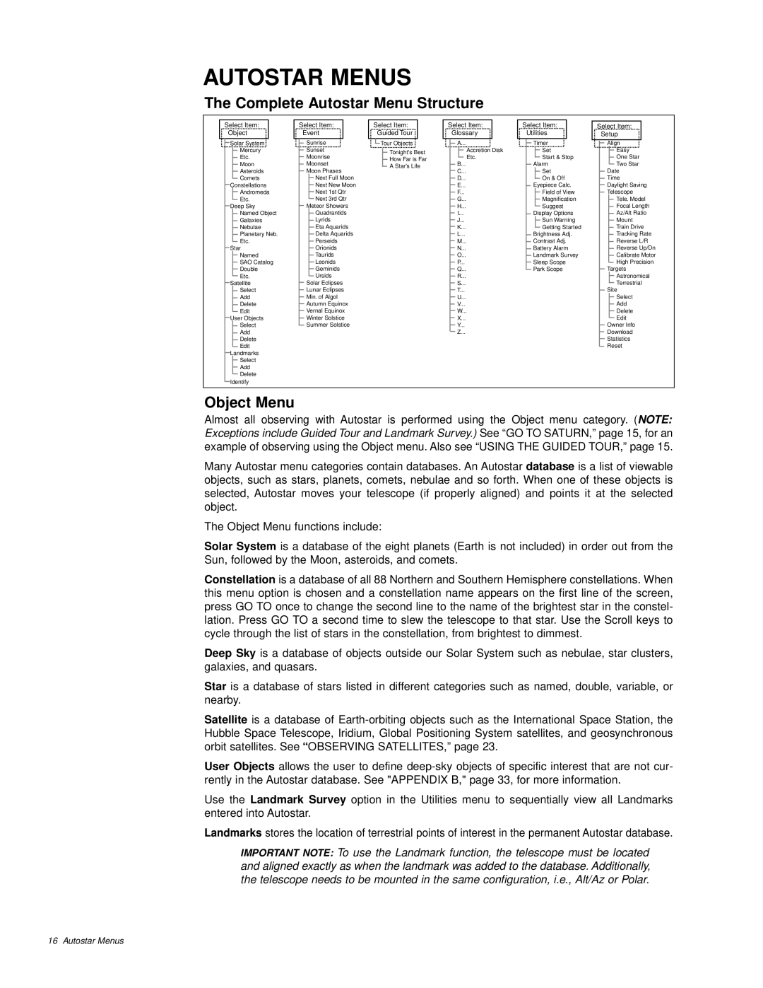 Meade ETX-60AT instruction manual Autostar Menus, Complete Autostar Menu Structure, Object Menu 