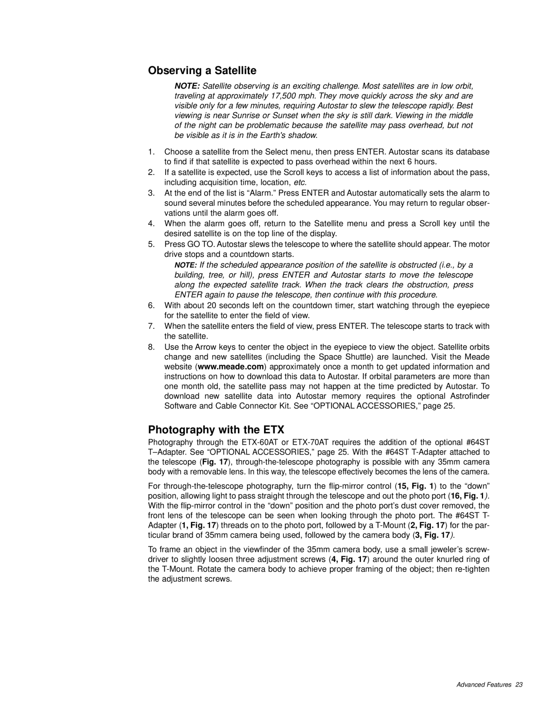Meade ETX-60AT instruction manual Observing a Satellite, Photography with the ETX 