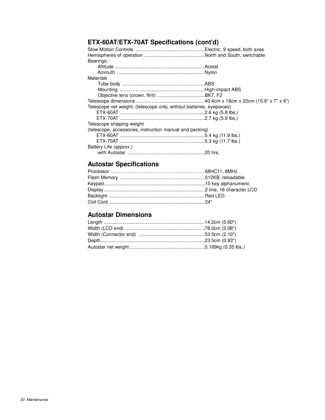 Meade instruction manual ETX-60AT/ETX-70AT Specifications contd, Autostar Specifications, Autostar Dimensions 