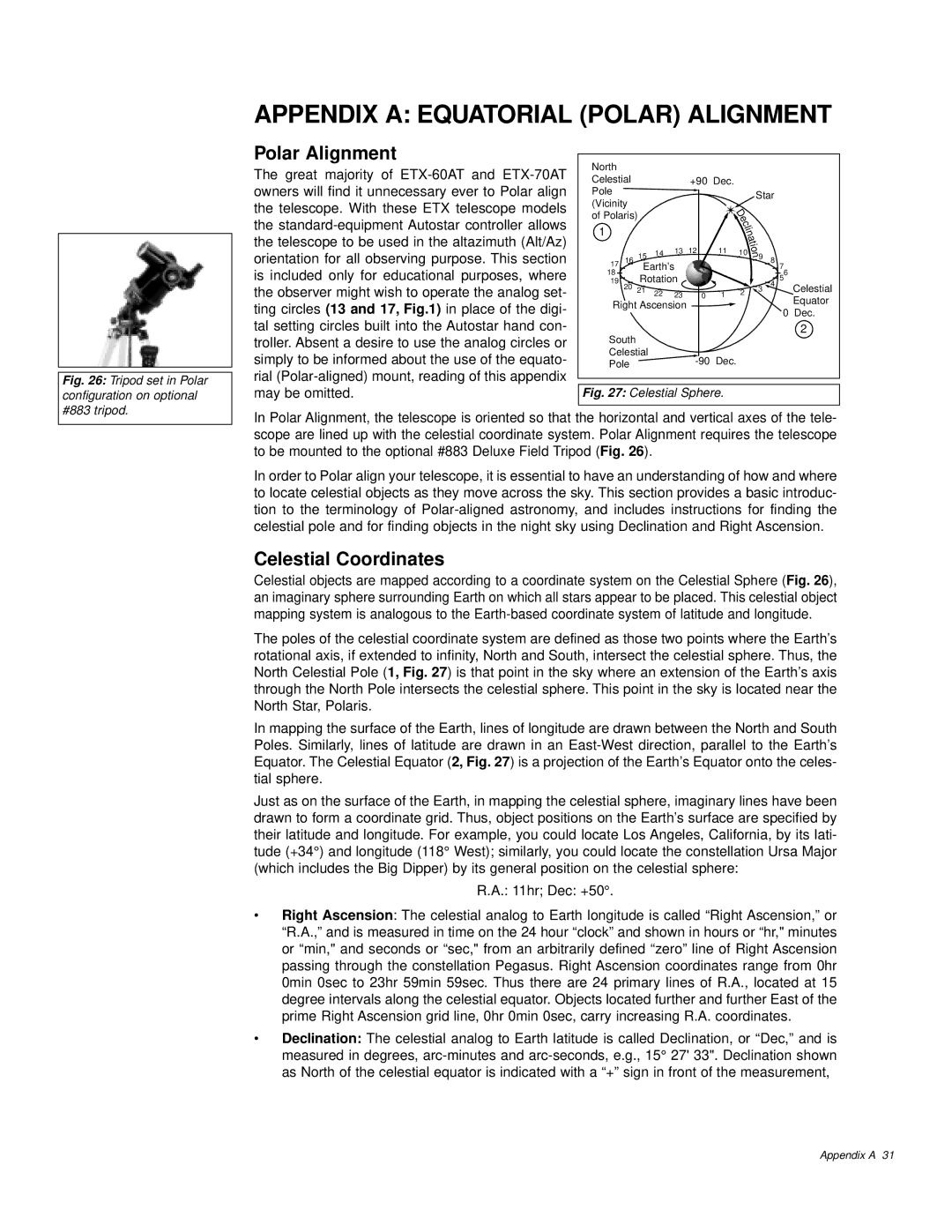 Meade ETX-60AT instruction manual Appendix a Equatorial Polar Alignment, Celestial Coordinates 