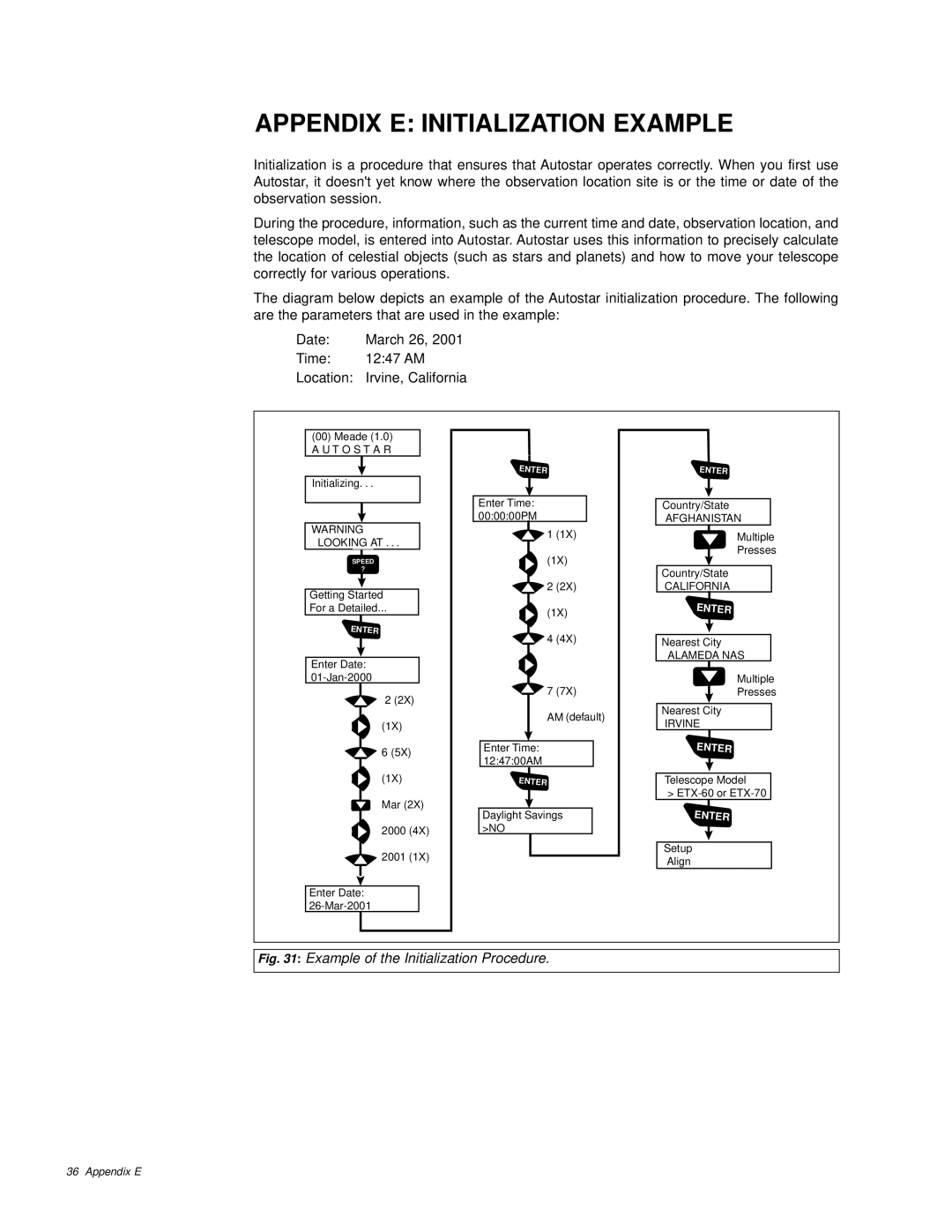 Meade ETX-60AT instruction manual Appendix E Initialization Example, Enter 