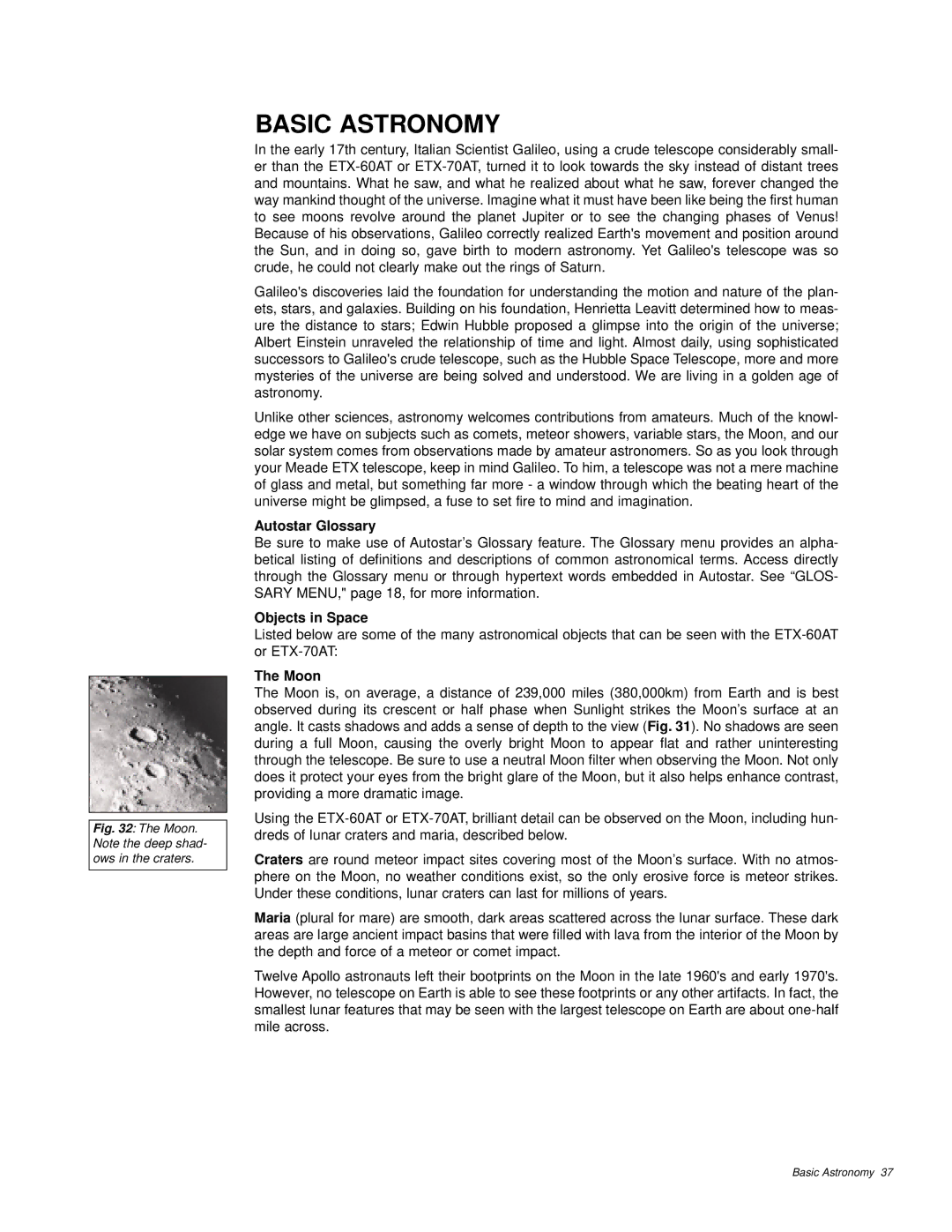 Meade ETX-60AT instruction manual Basic Astronomy, Autostar Glossary, Objects in Space, Moon 