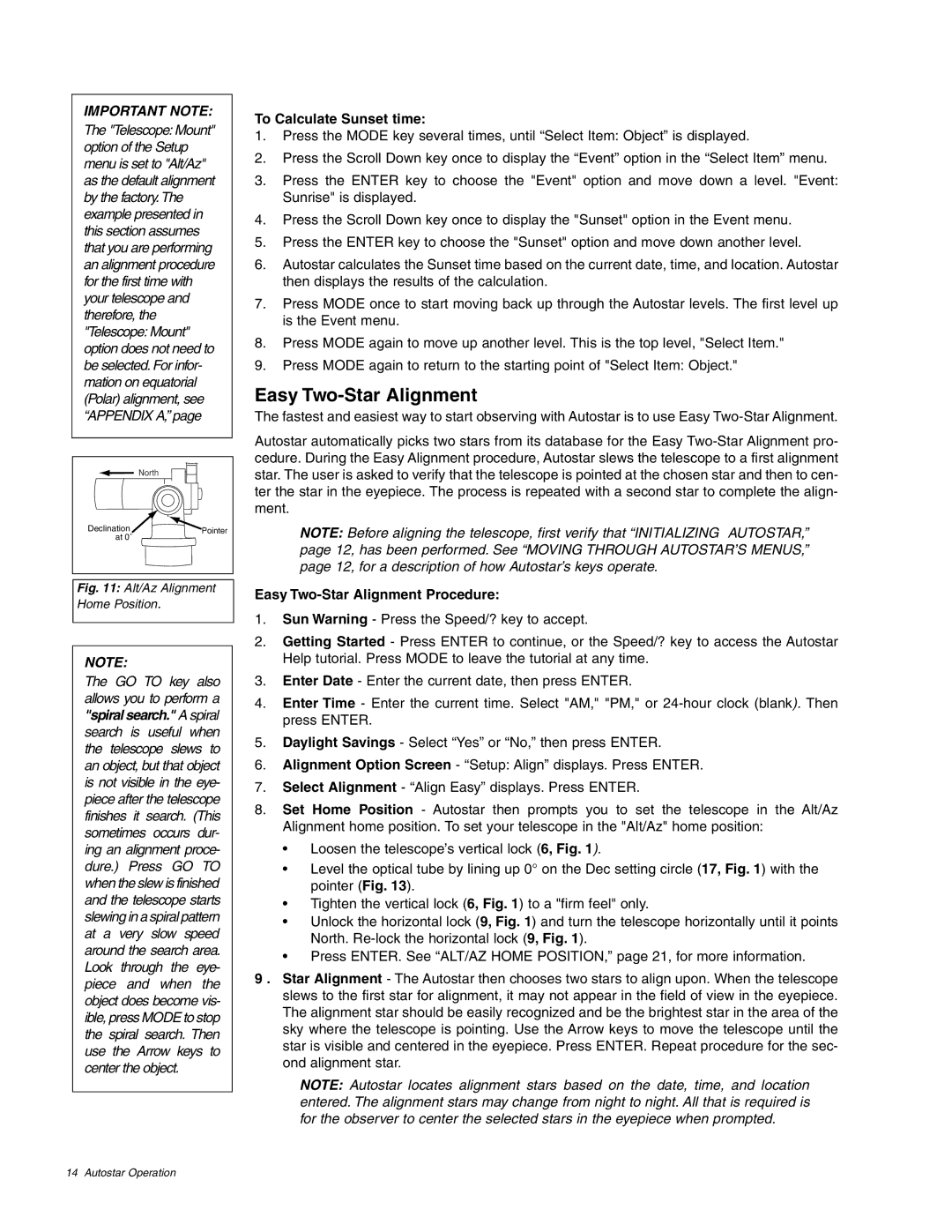 Meade ETX-70AT instruction manual To Calculate Sunset time, Easy Two-Star Alignment Procedure 