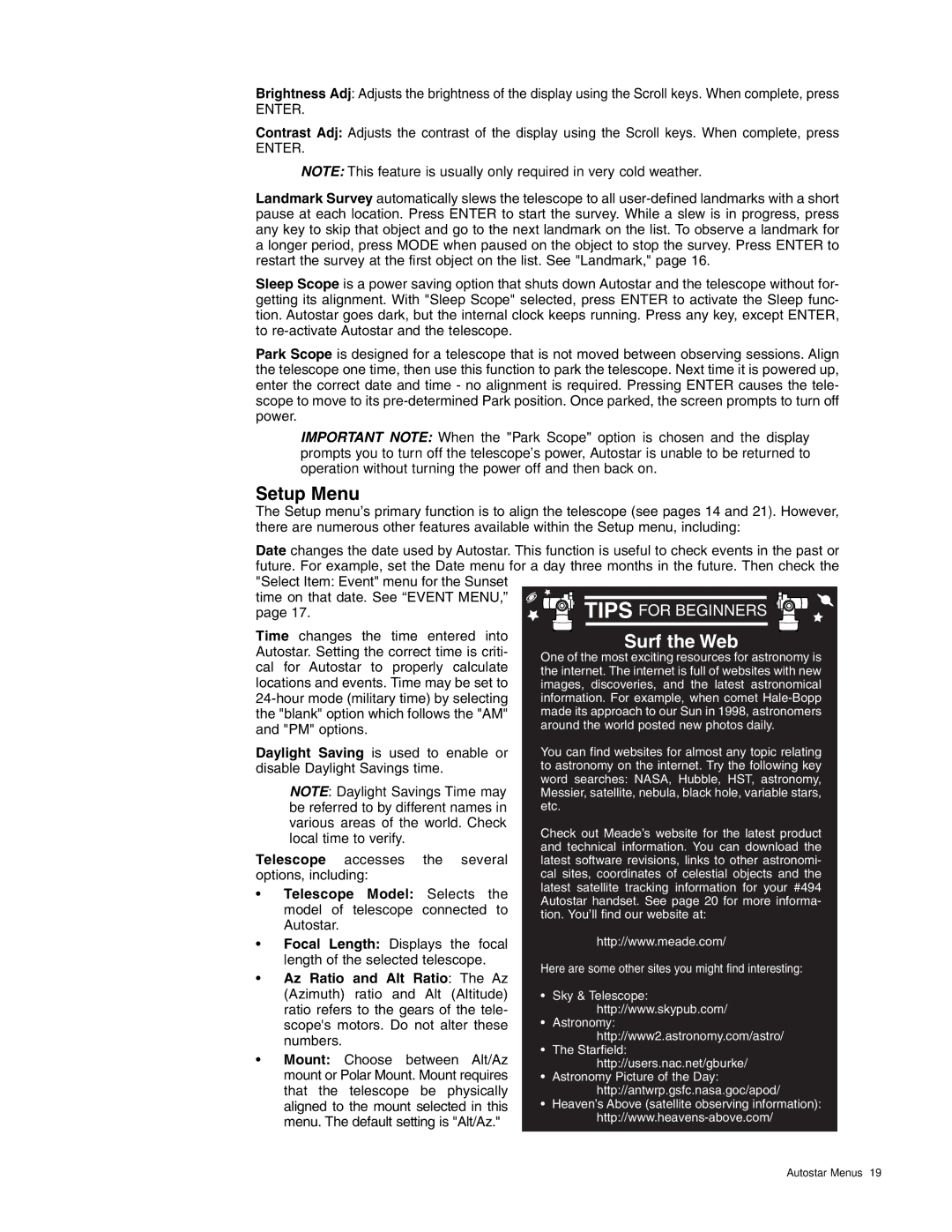 Meade ETX-70AT instruction manual Setup Menu, Surf the Web 