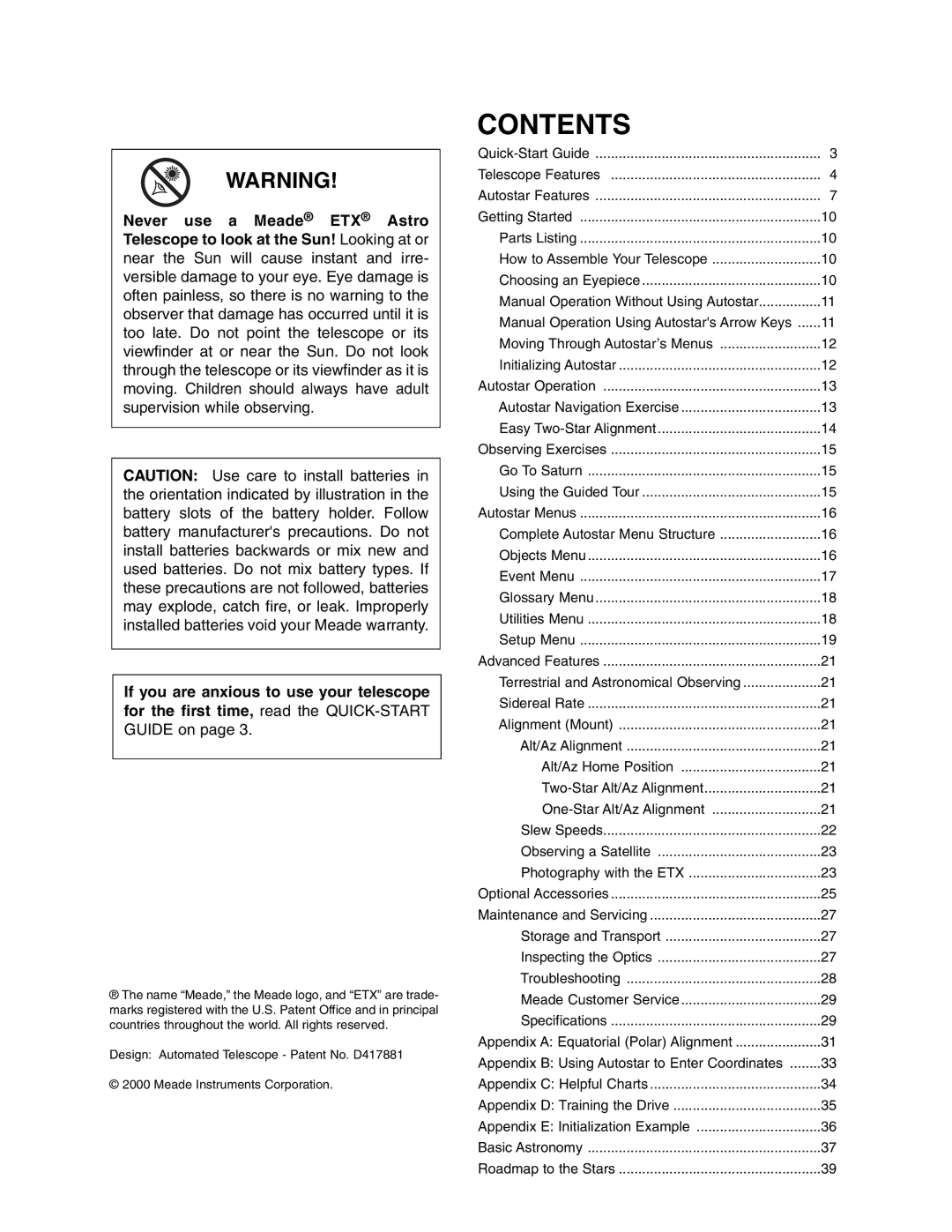 Meade ETX-70AT instruction manual Contents 