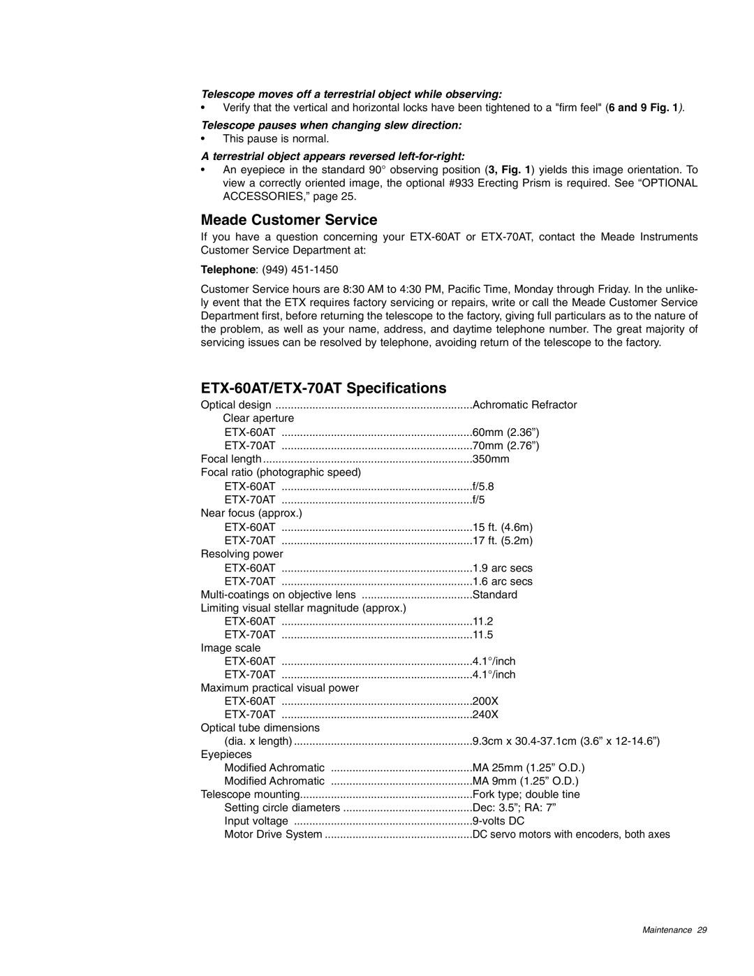 Meade instruction manual Meade Customer Service, ETX-60AT/ETX-70AT Specifications 