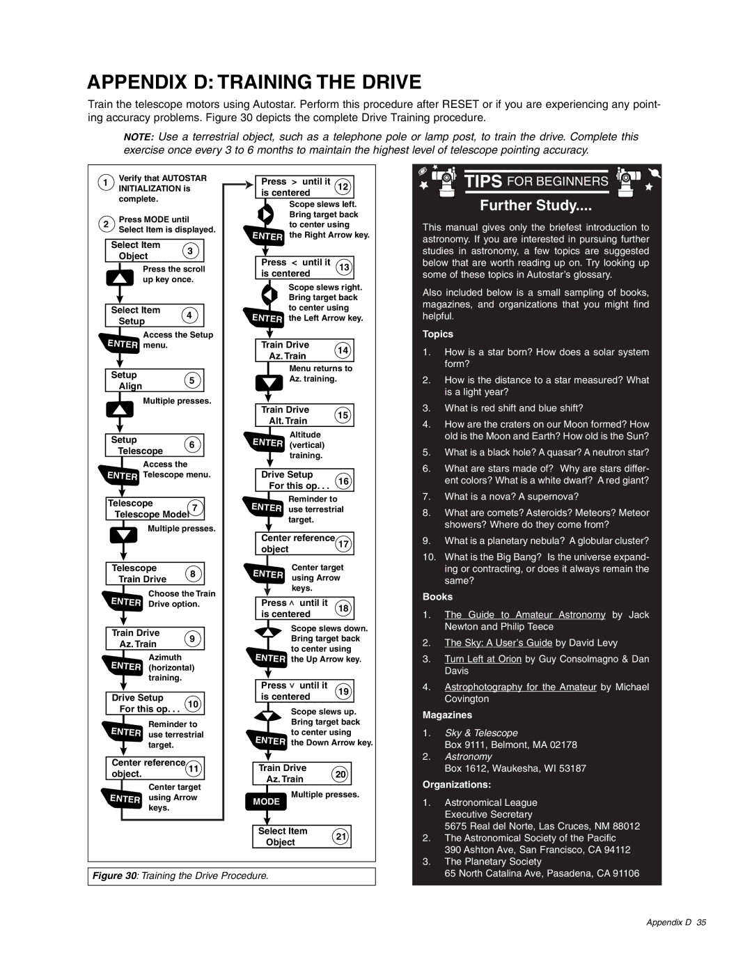 Meade ETX-70AT instruction manual Appendix D Training the Drive, Further Study 