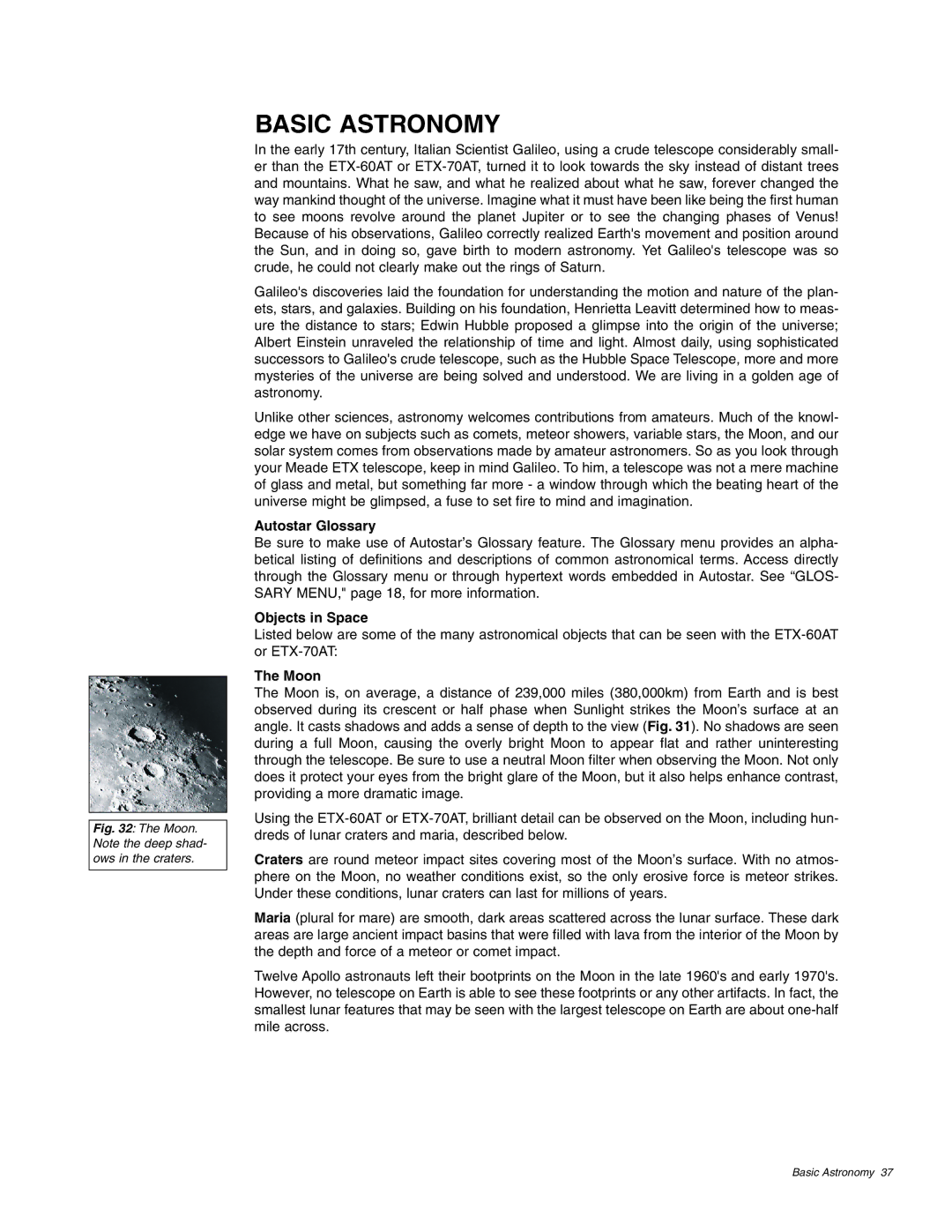 Meade ETX-70AT instruction manual Basic Astronomy, Autostar Glossary, Objects in Space, Moon 