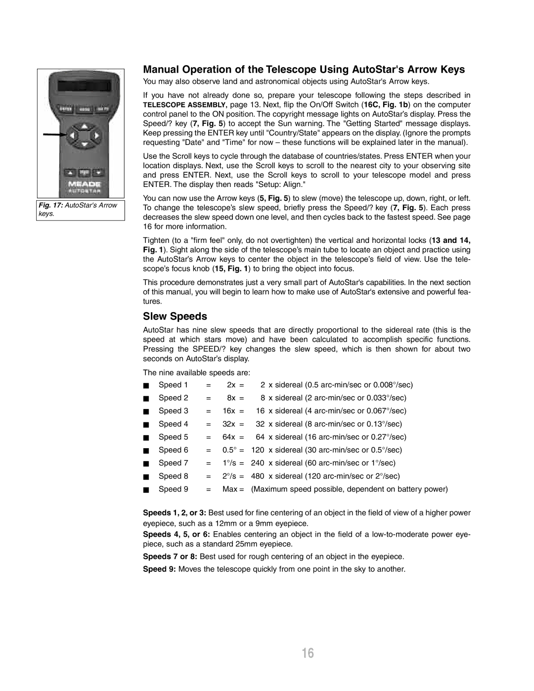 Meade ETX-80AT-BB instruction manual Manual Operation of the Telescope Using AutoStars Arrow Keys, Slew Speeds 