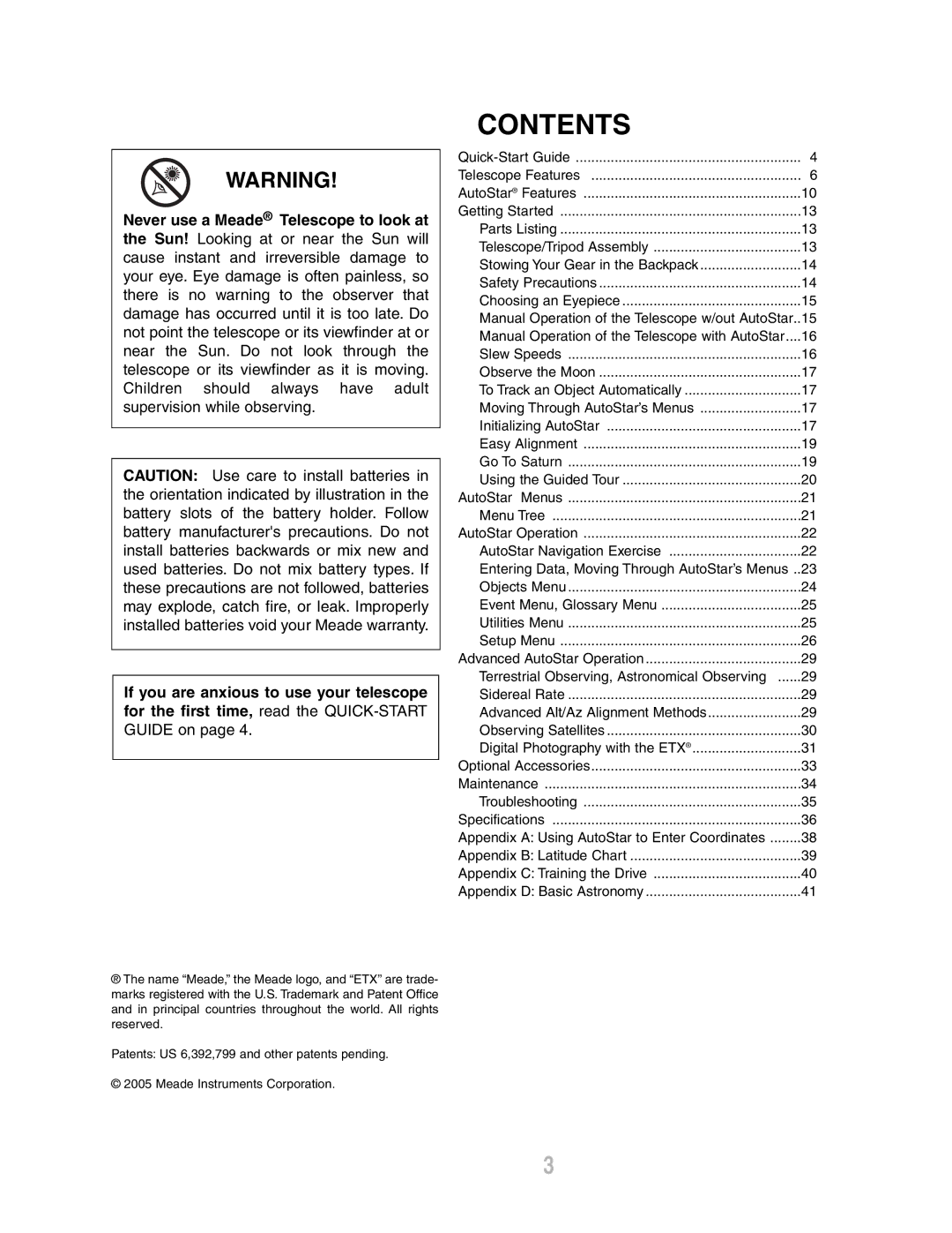 Meade ETX-80AT-BB instruction manual Contents 