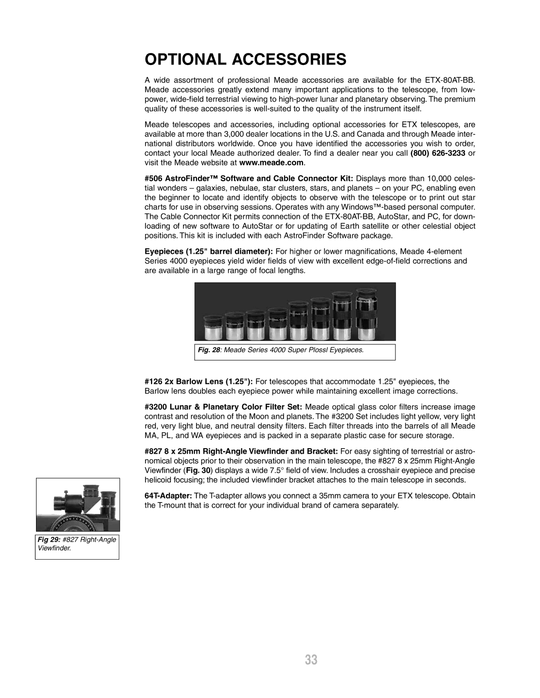 Meade ETX-80AT-BB instruction manual Optional Accessories, Meade Series 4000 Super Plossl Eyepieces 