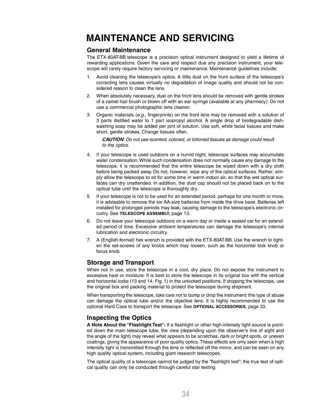 Meade ETX-80AT-BB Maintenance and Servicing, General Maintenance, Storage and Transport, Inspecting the Optics 